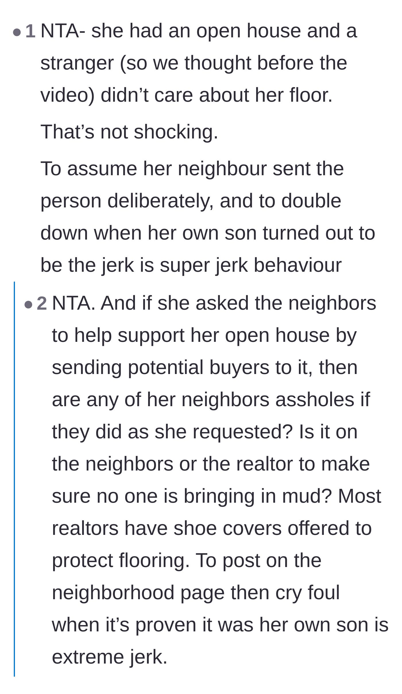 Comment thread 6 - Pointing out the absurdity of assuming a neighbor deliberately sent a muddy saboteur to ruin the floors.