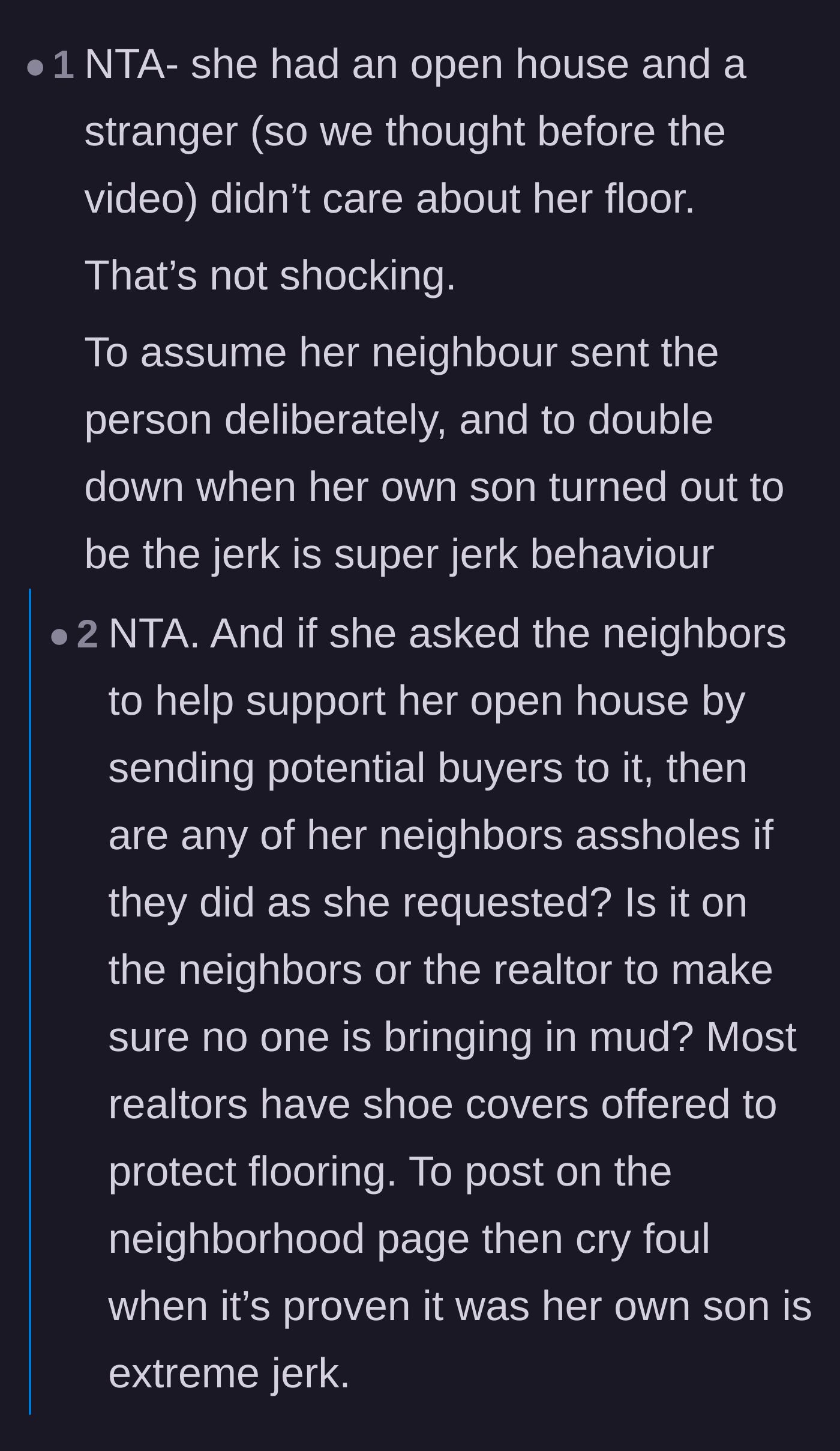 Comment thread 6 - Pointing out the absurdity of assuming a neighbor deliberately sent a muddy saboteur to ruin the floors.