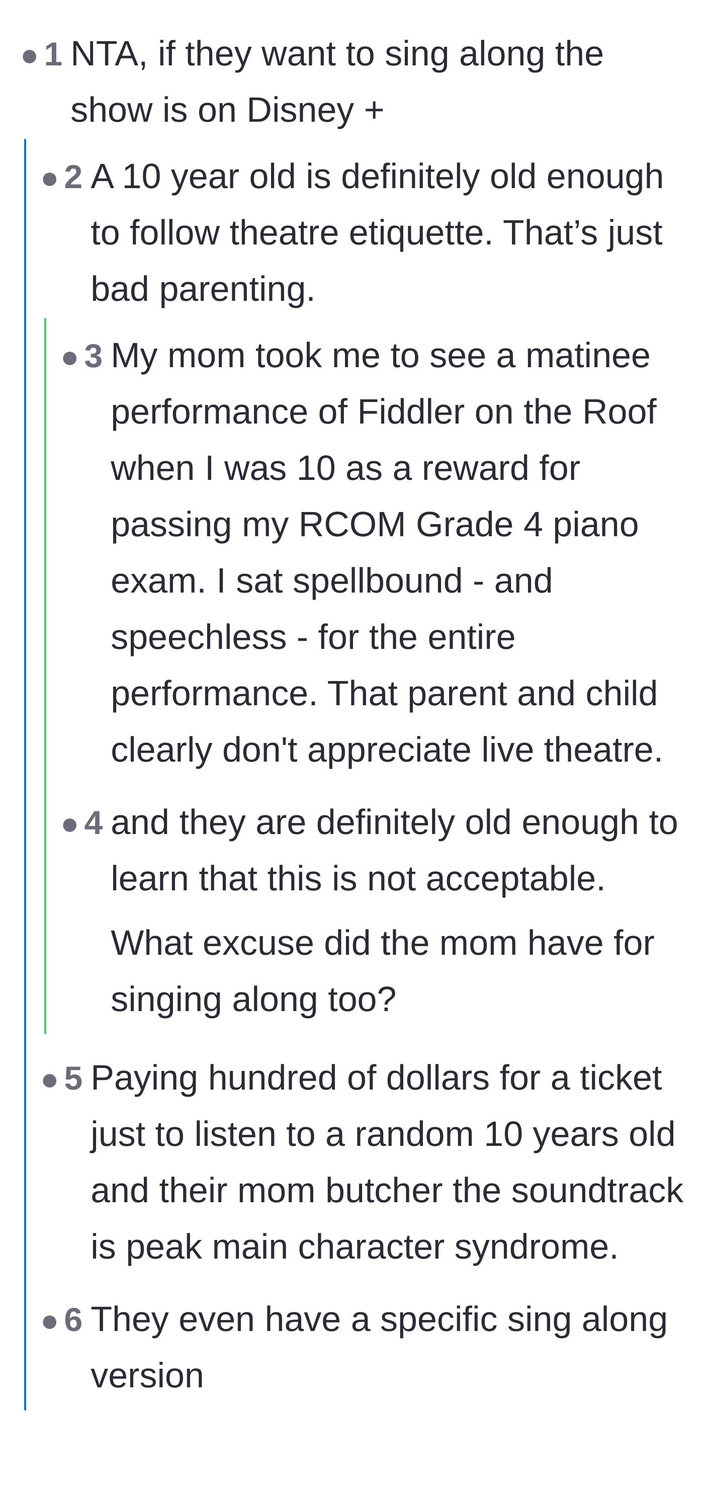 Comment thread 2 - Readers pointing out that 10-year-olds are old enough to understand theatre etiquette and suggesting Disney+ for sing-alongs.