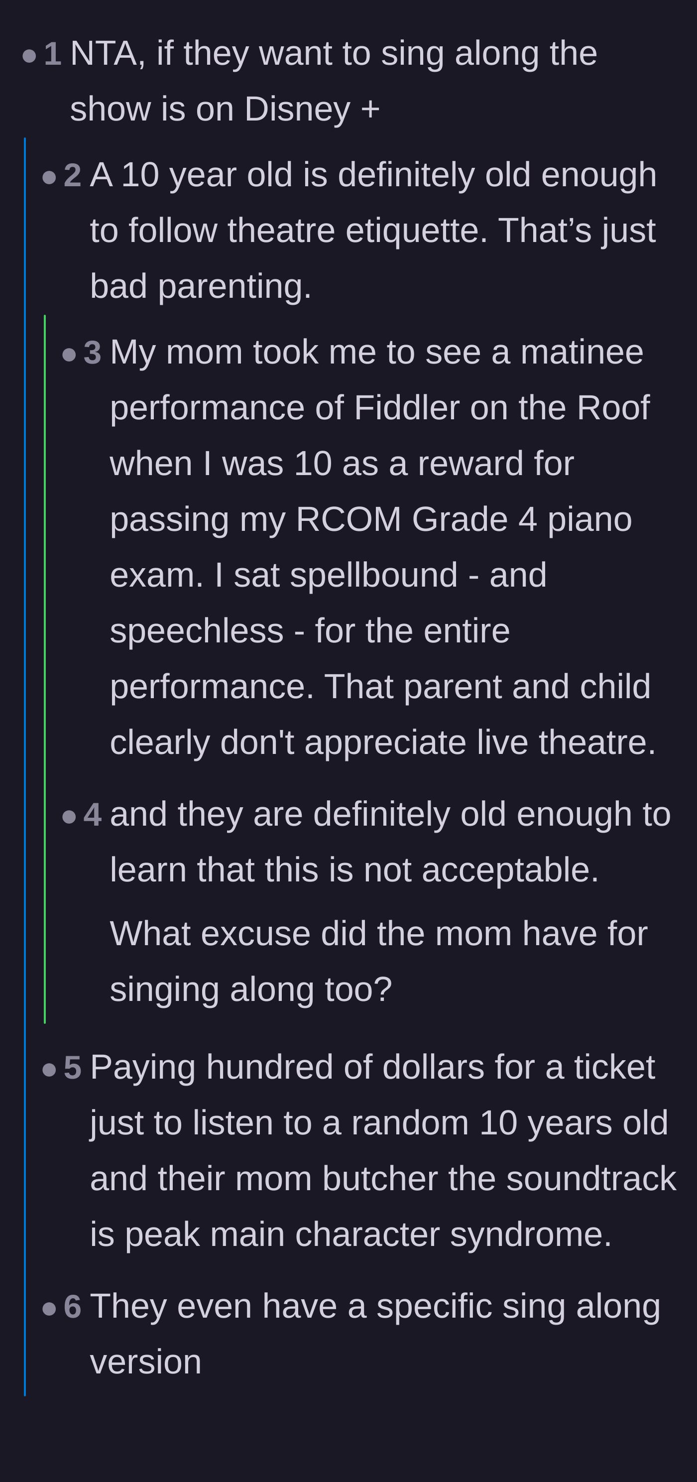 Comment thread 2 - Readers pointing out that 10-year-olds are old enough to understand theatre etiquette and suggesting Disney+ for sing-alongs.