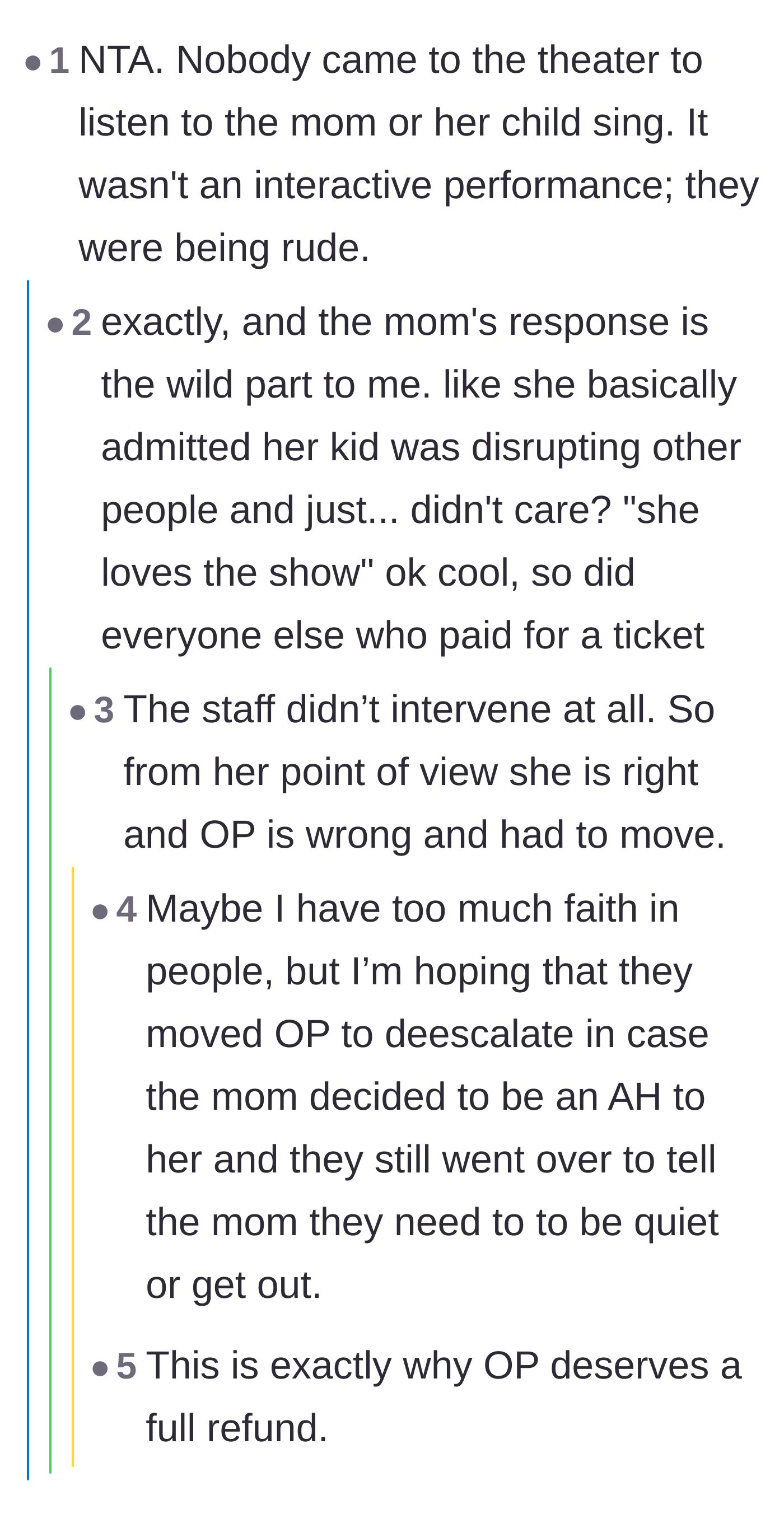 Comment thread 3 - Debating the mother's unapologetic attitude and the theatre staff's lack of intervention.