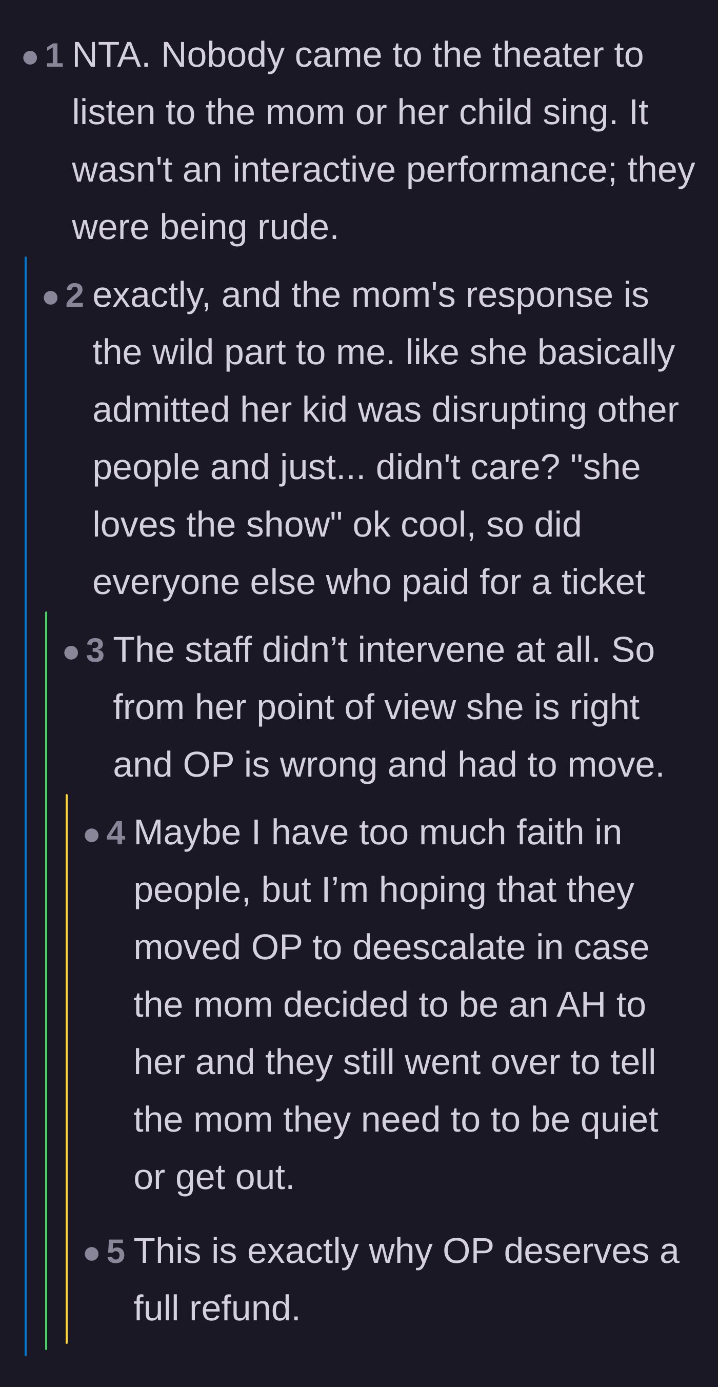 Comment thread 3 - Debating the mother's unapologetic attitude and the theatre staff's lack of intervention.