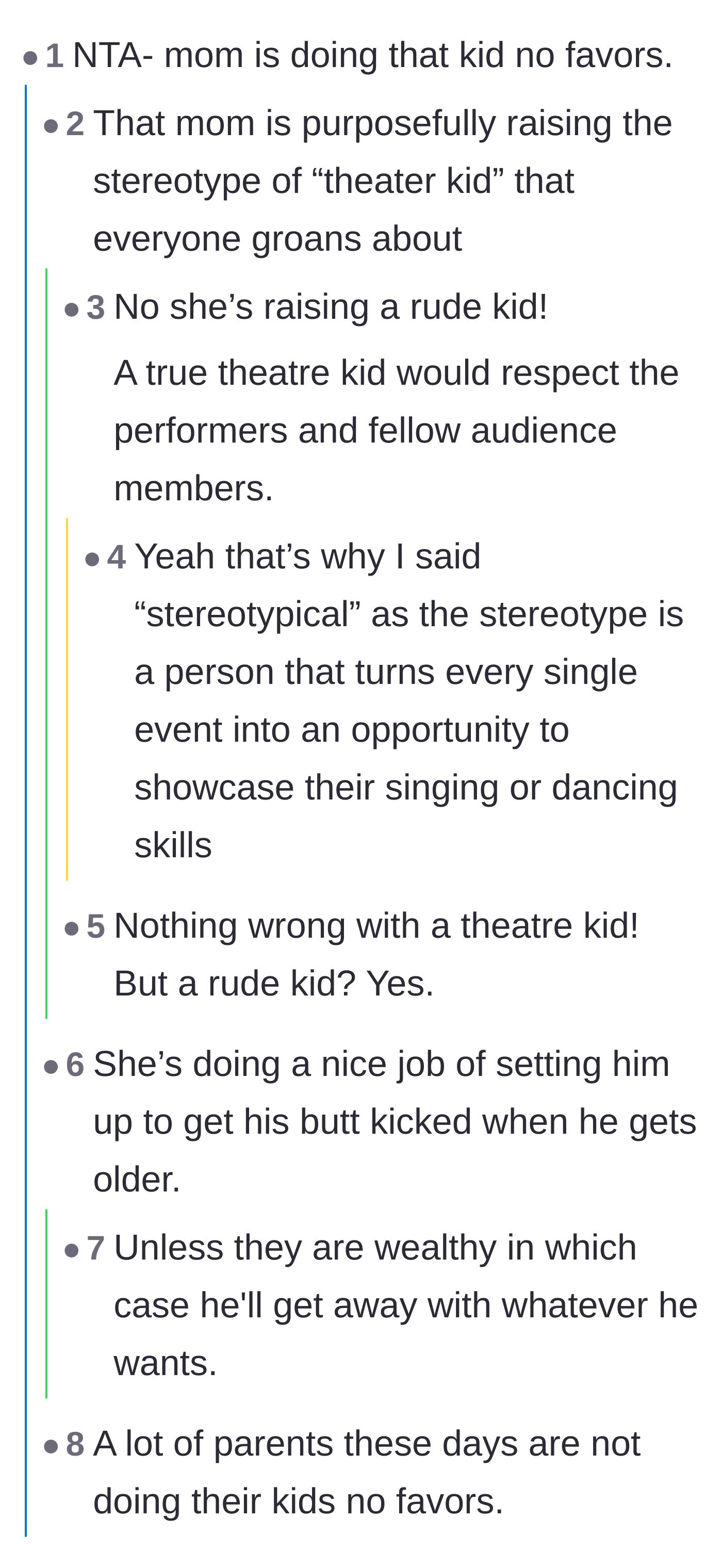 Comment thread 4 - Commentary on how the mother is setting her child up to be a rude stereotype and face harsh reality later in life.