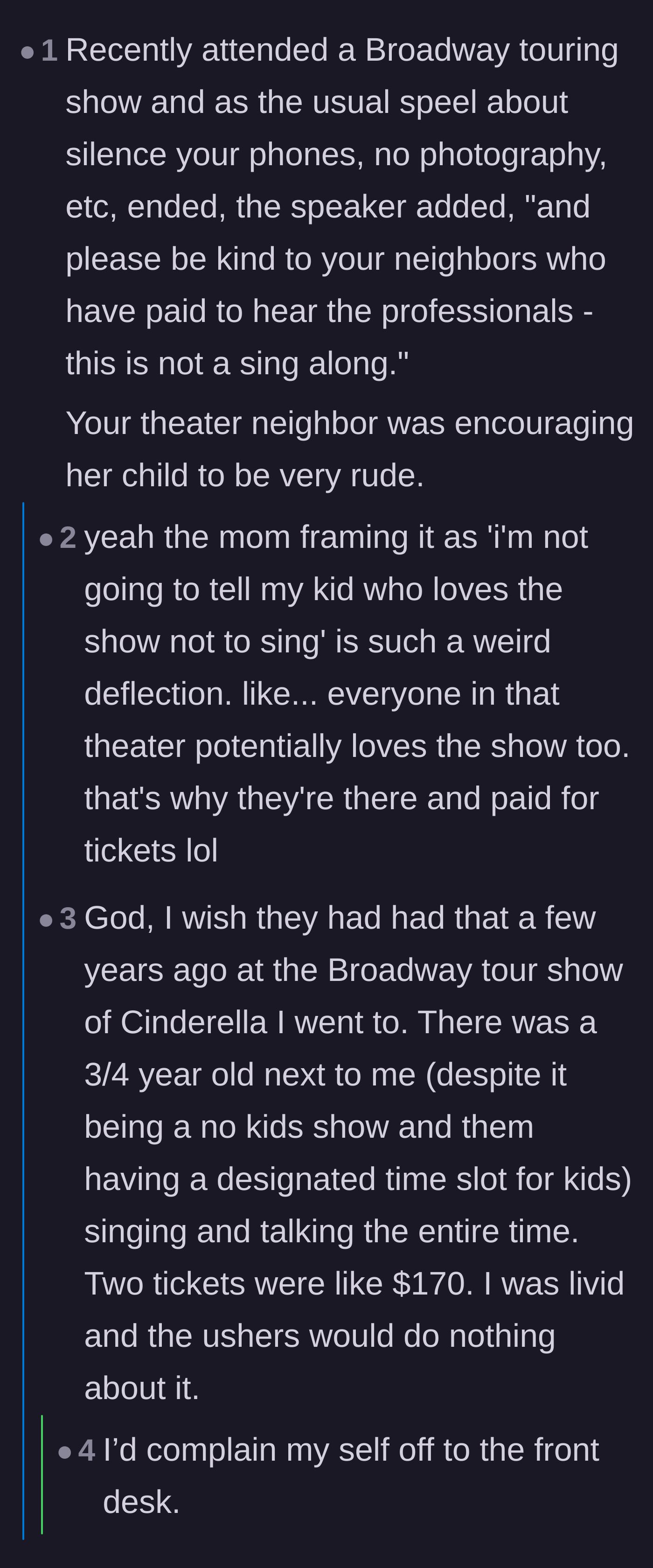 Comment thread 5 - Sharing experiences of theatres making pre-show announcements explicitly asking audiences not to sing along.