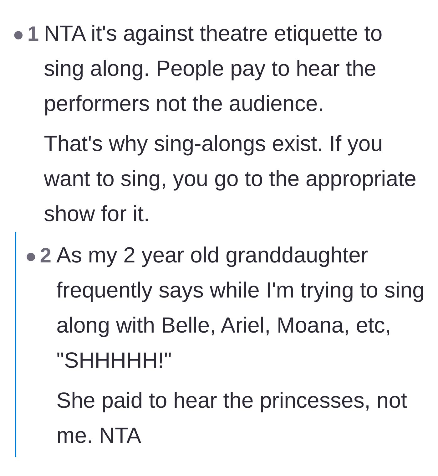 Comment thread 6 - A funny anecdote about a two-year-old shushing their grandparent for singing over Disney princesses.
