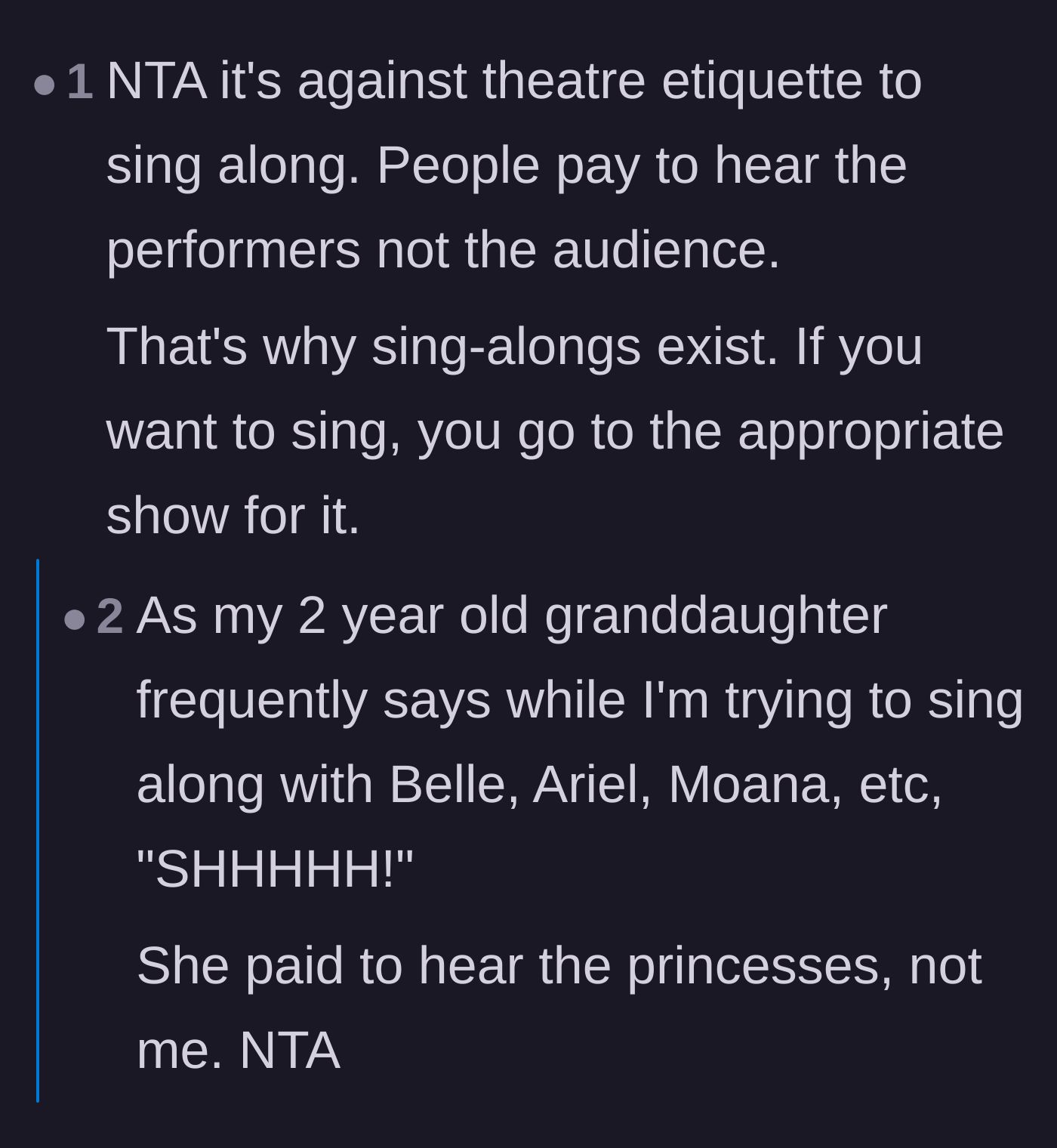 Comment thread 6 - A funny anecdote about a two-year-old shushing their grandparent for singing over Disney princesses.