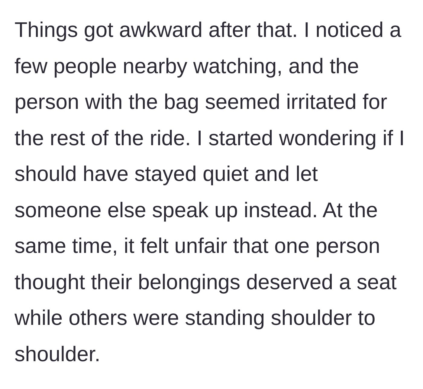 Story part 3 - The awkward silence and tension in the crowded vehicle as the bag owner stews in irritation.