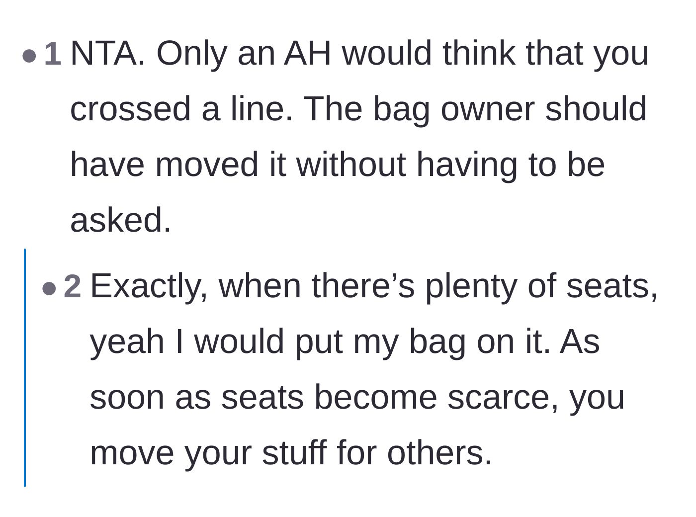 Comment thread 5 - Agreement that moving a bag when seats become scarce is just basic common sense.
