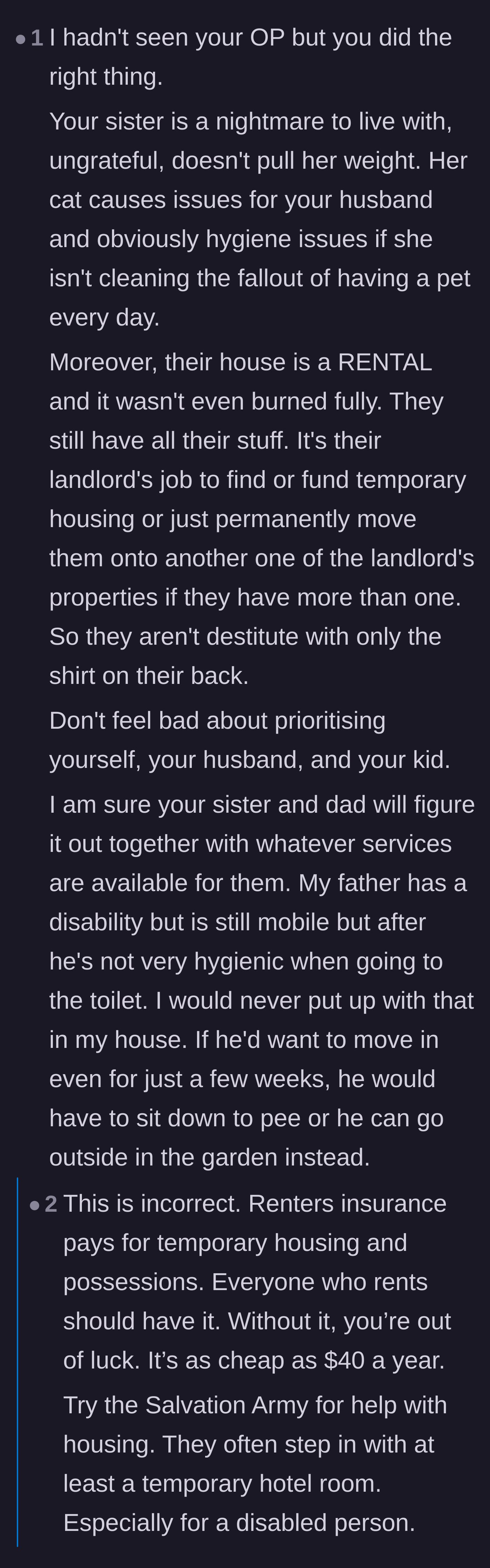 Comment thread 4 - A lengthy debate covering rental liability, landlord responsibilities, and appropriate accommodations for disabled parents.