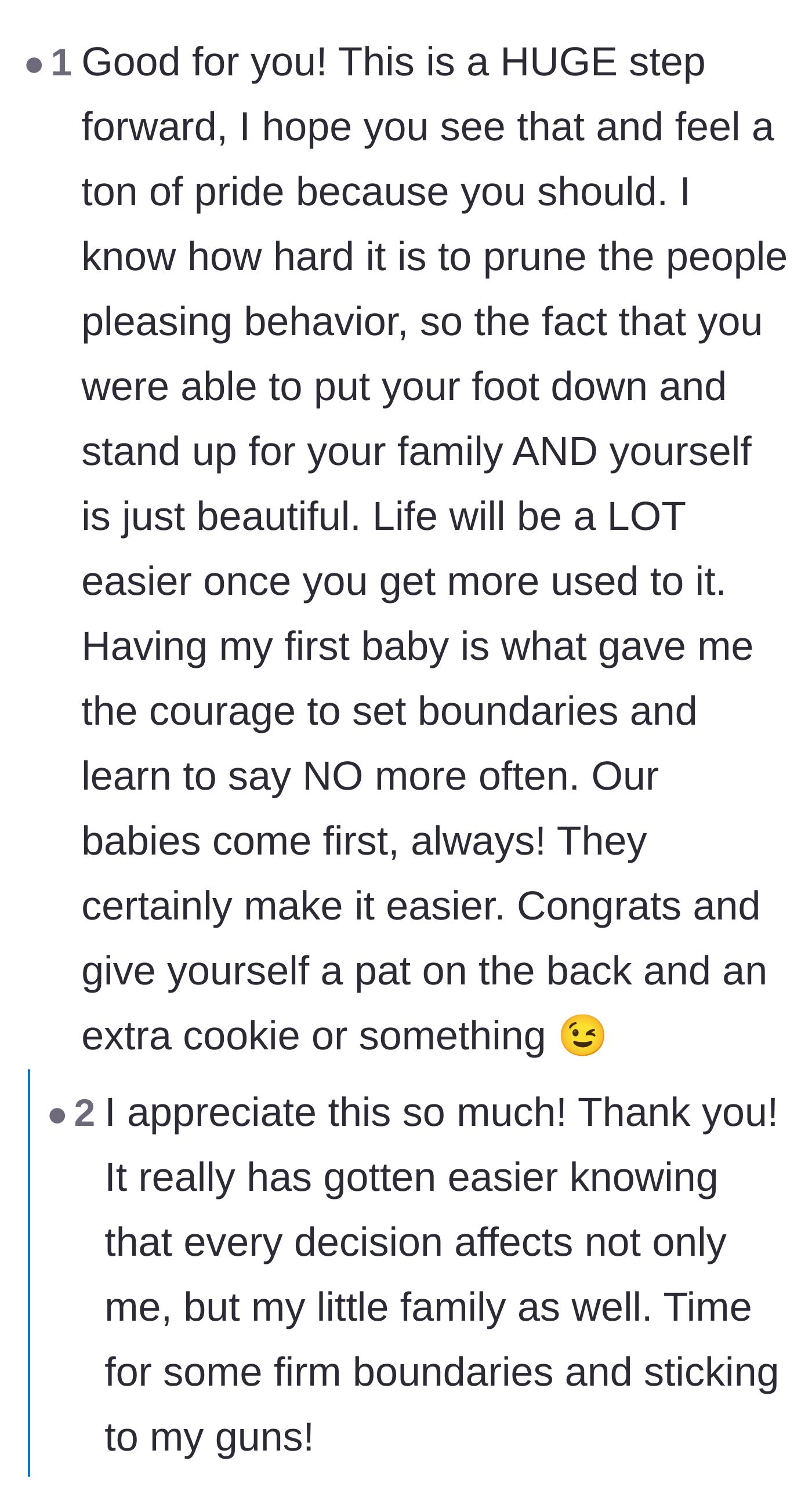 Comment thread 6 - Encouragement on using the arrival of a newborn as a catalyst to overcome chronic people-pleasing behavior.