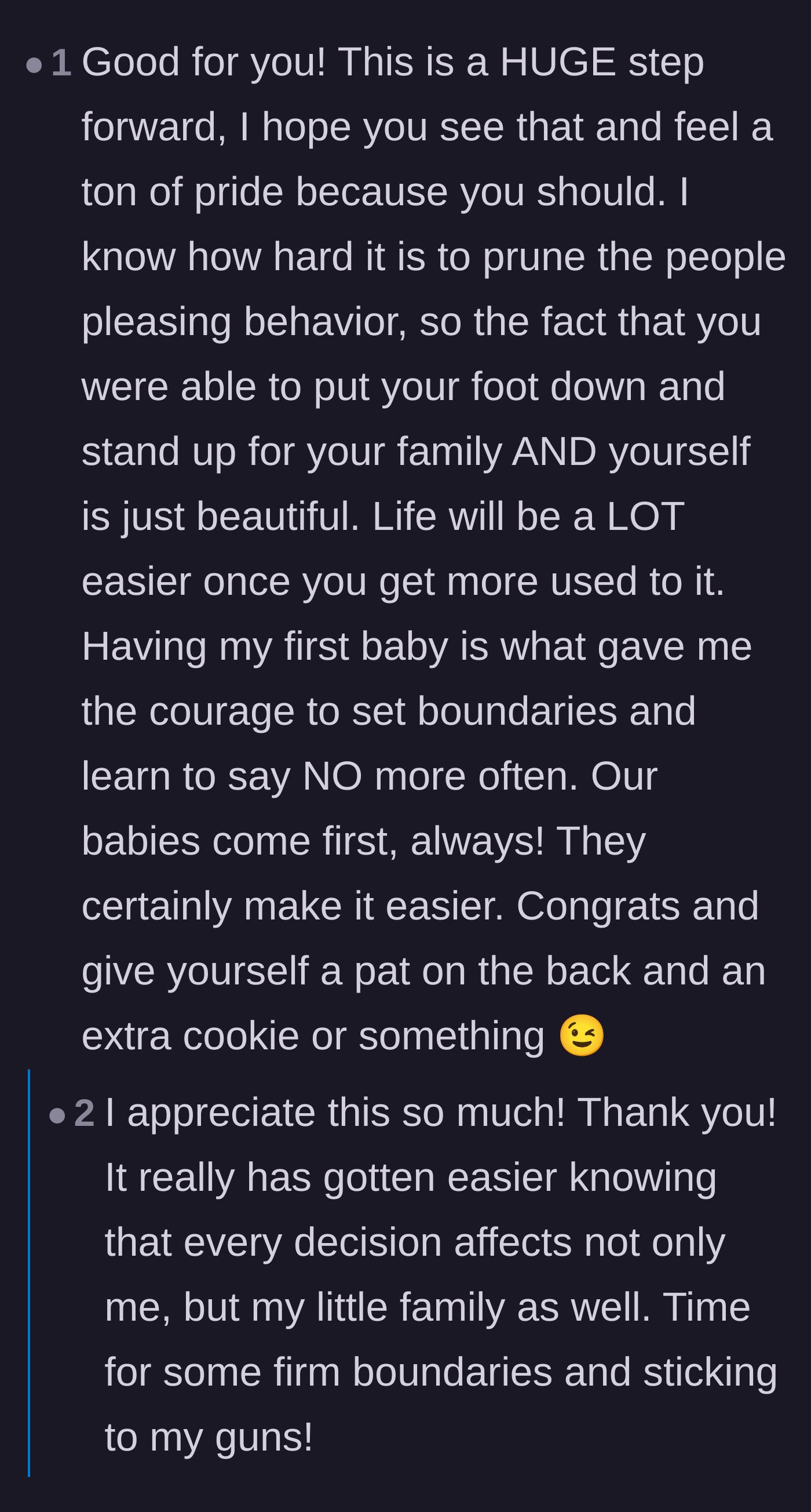 Comment thread 6 - Encouragement on using the arrival of a newborn as a catalyst to overcome chronic people-pleasing behavior.