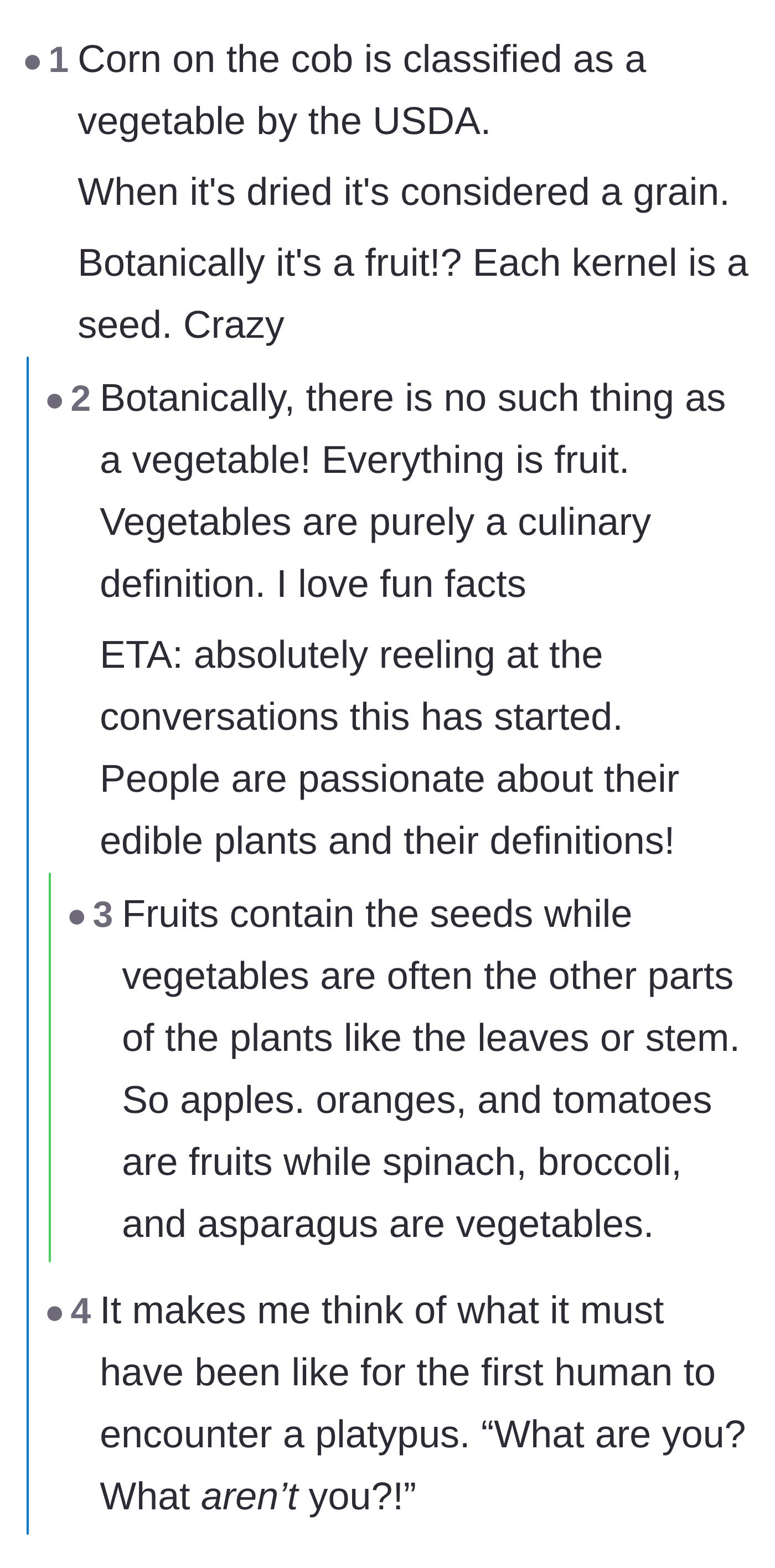 Comment thread 2 - A deep dive into the science of vegetables versus fruits, with commenters passionately debating the true classification of corn.