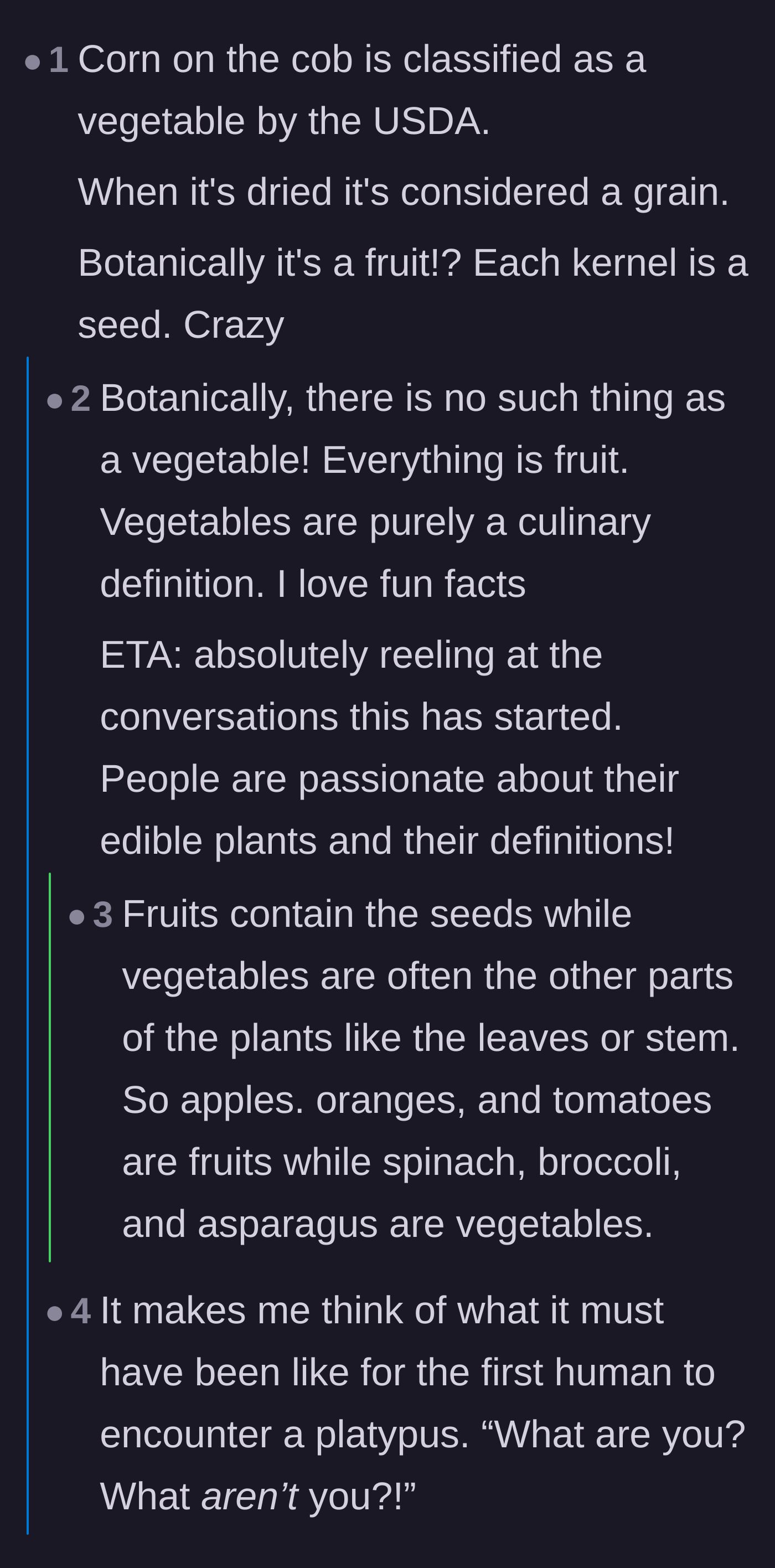 Comment thread 2 - A deep dive into the science of vegetables versus fruits, with commenters passionately debating the true classification of corn.