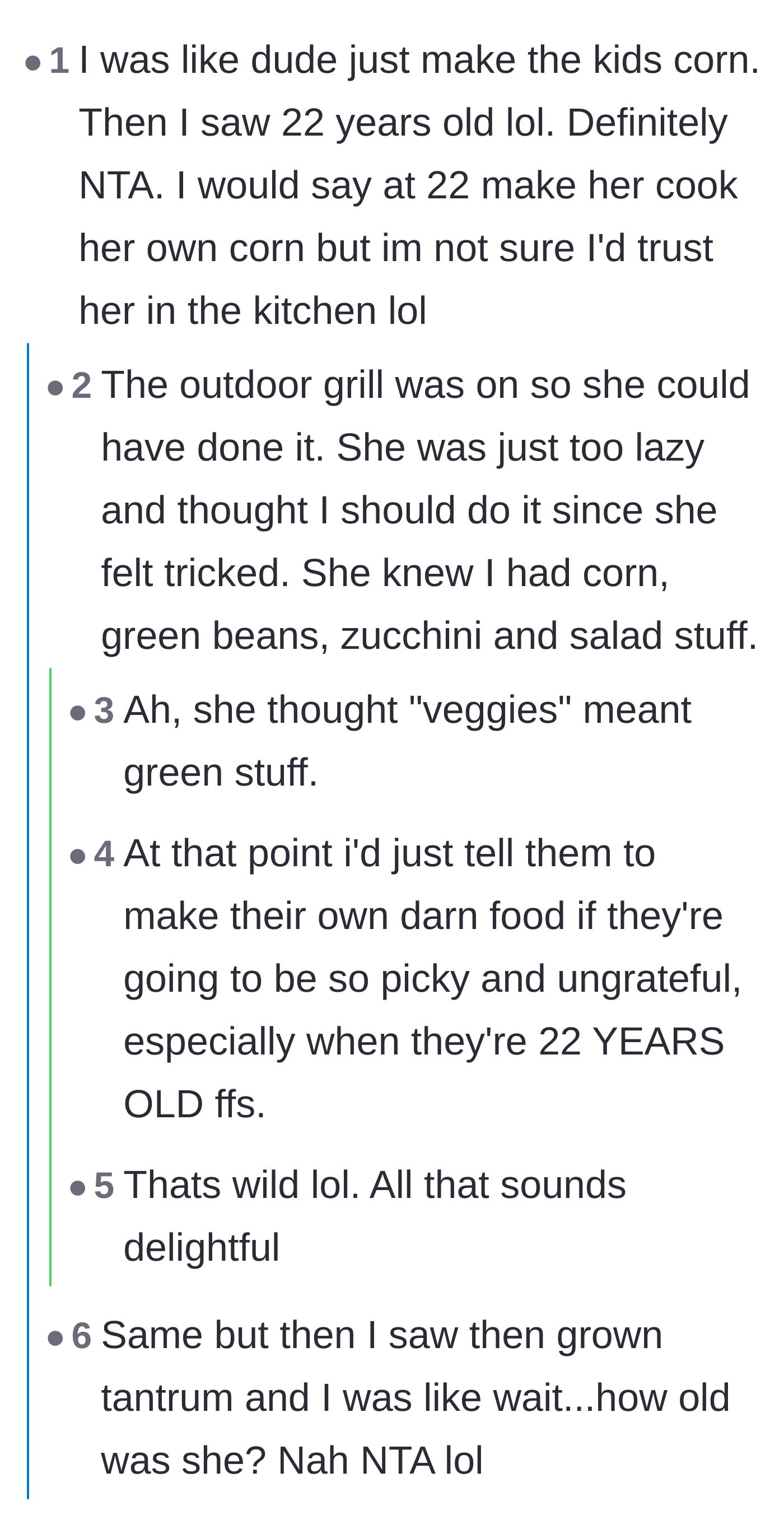 Comment thread 3 - The original poster clarifies the other vegetables she had available, leading to the realization that the niece likely equates 'veggies' strictly with green foods.