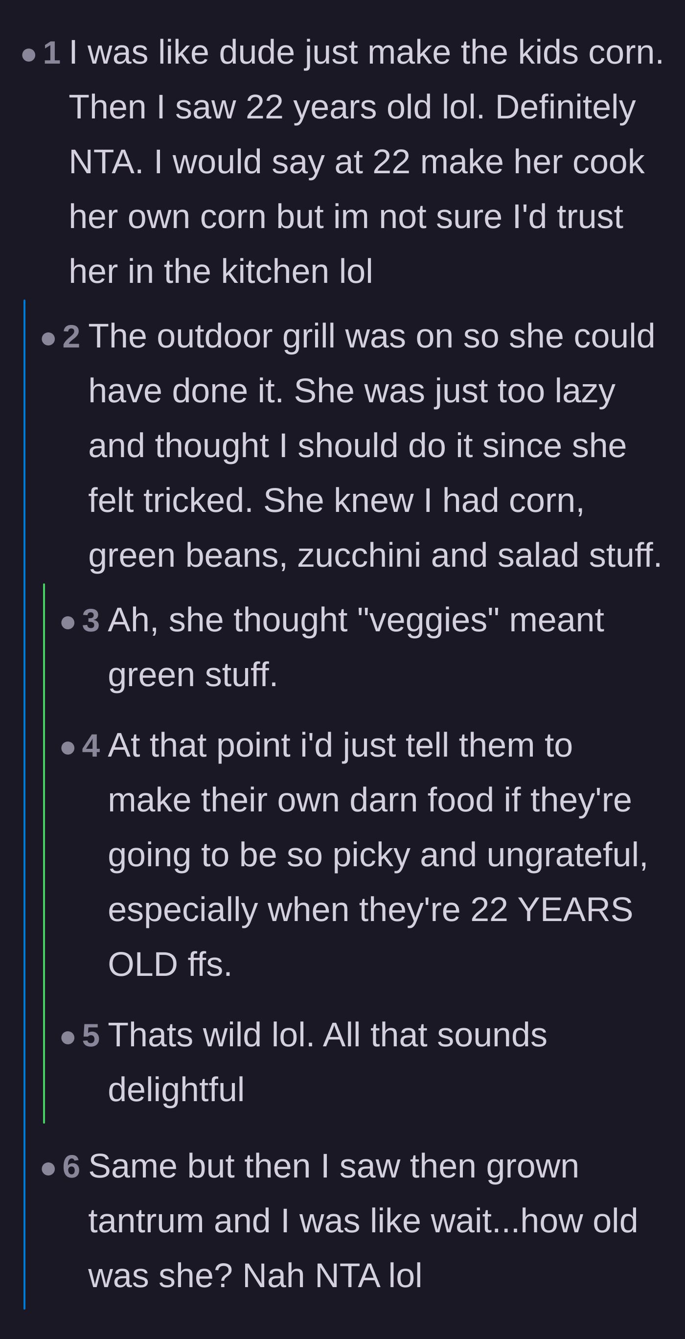 Comment thread 3 - The original poster clarifies the other vegetables she had available, leading to the realization that the niece likely equates 'veggies' strictly with green foods.