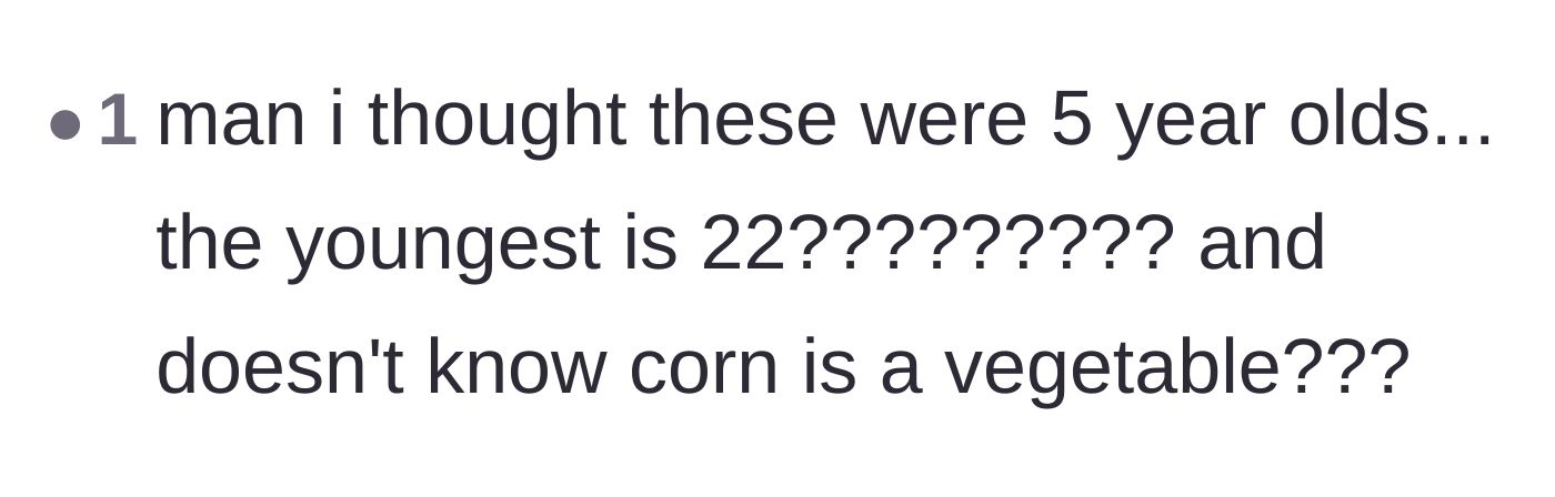 Comment thread 4 - A short reaction expressing absolute disbelief over the niece's age and lack of basic food knowledge.