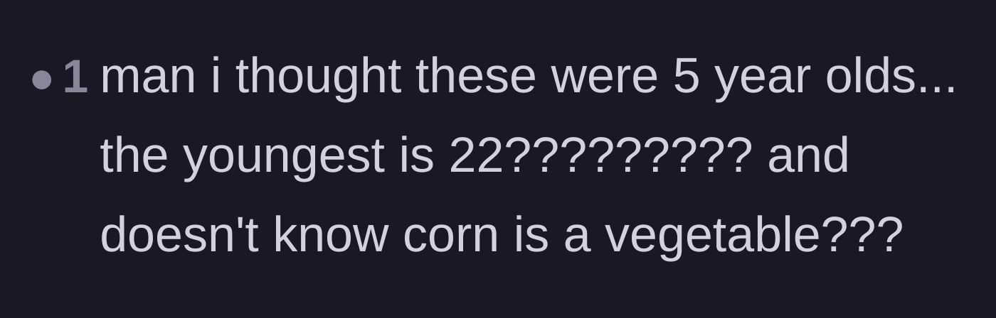 Comment thread 4 - A short reaction expressing absolute disbelief over the niece's age and lack of basic food knowledge.