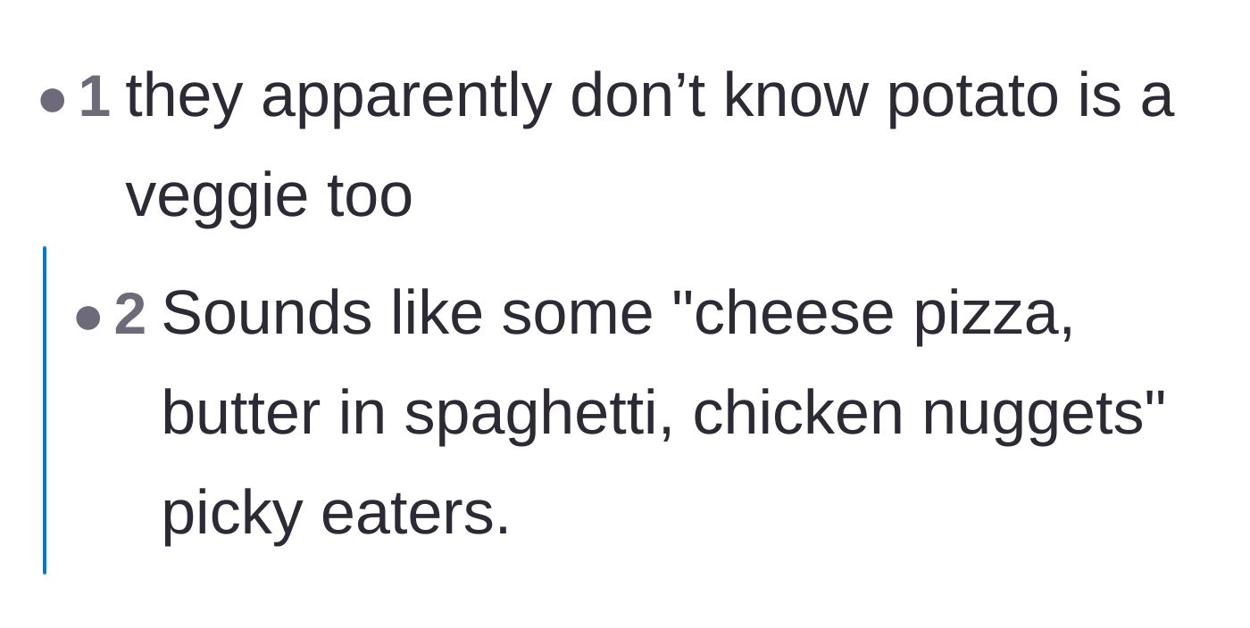 Comment thread 5 - Commenters pointing out that the family's beloved potatoes are also vegetables, diagnosing them with 'picky eater' syndrome.