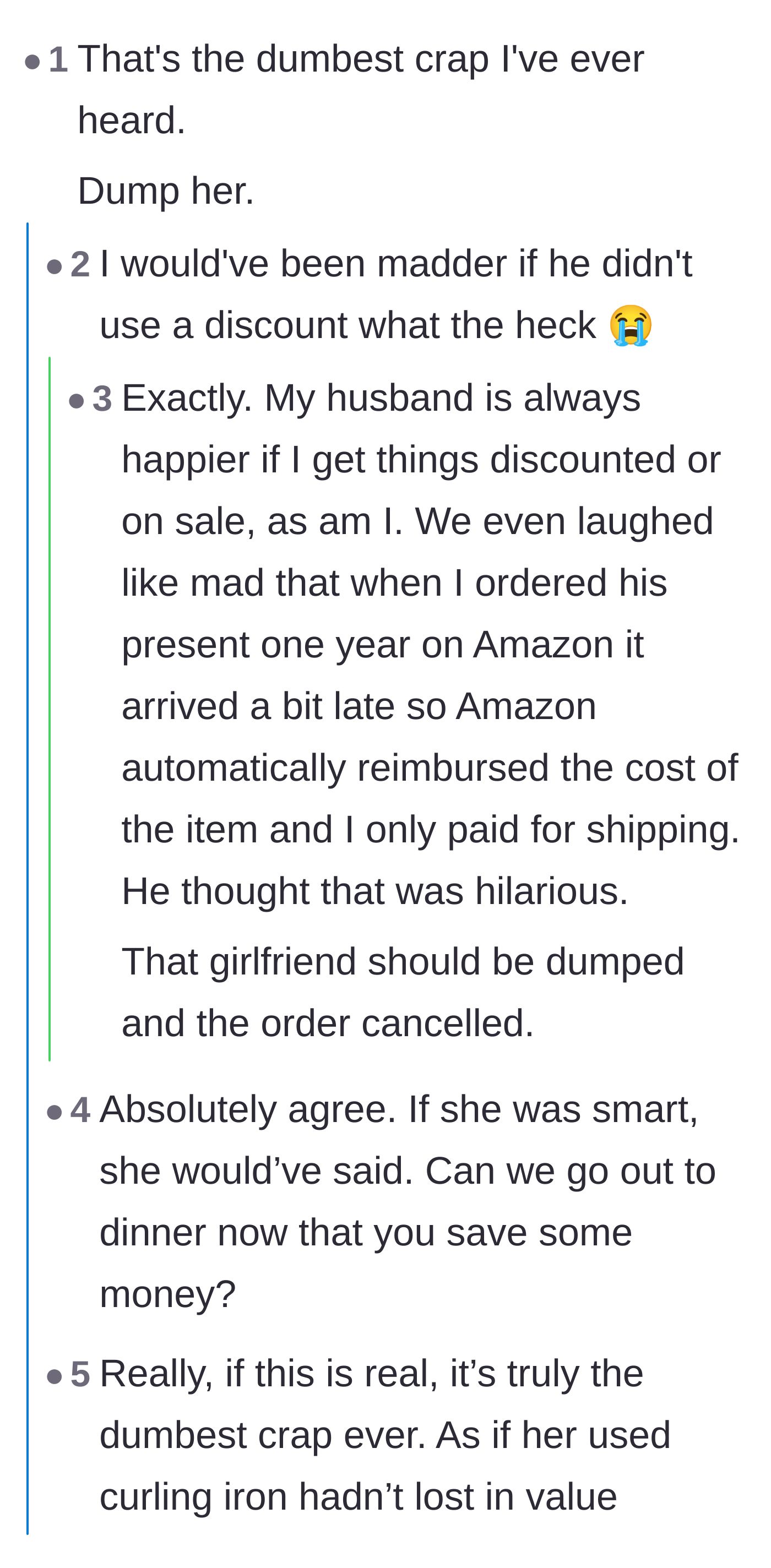 Comment thread 1 - Advice to dump her and an analysis of how her demand was really just a toxic power play to inflict punishment.