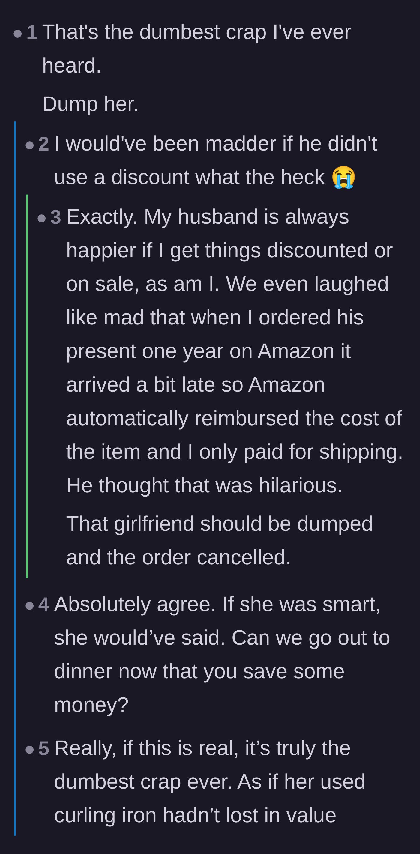 Comment thread 1 - Advice to dump her and an analysis of how her demand was really just a toxic power play to inflict punishment.