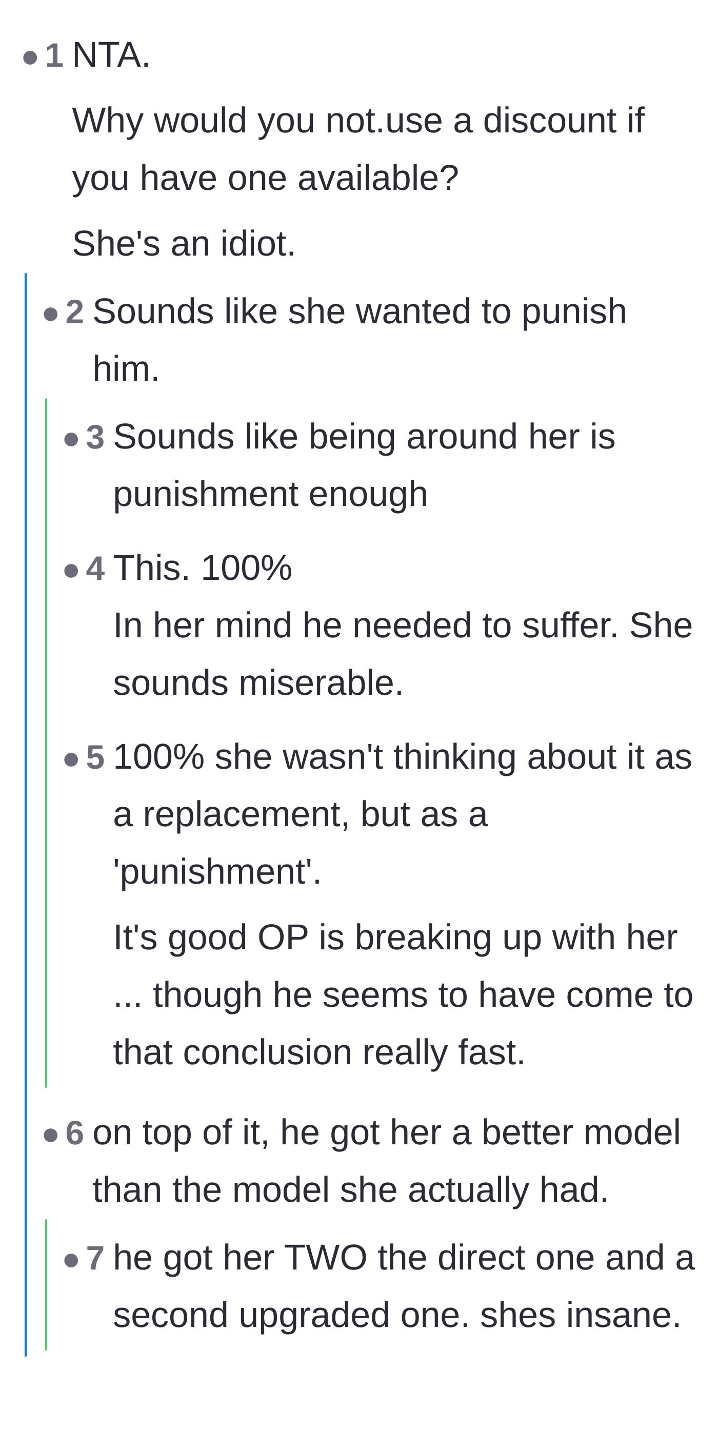 Comment thread 2 - Discussion on how the girlfriend viewed the situation as a zero-sum game where the boyfriend needed to suffer.