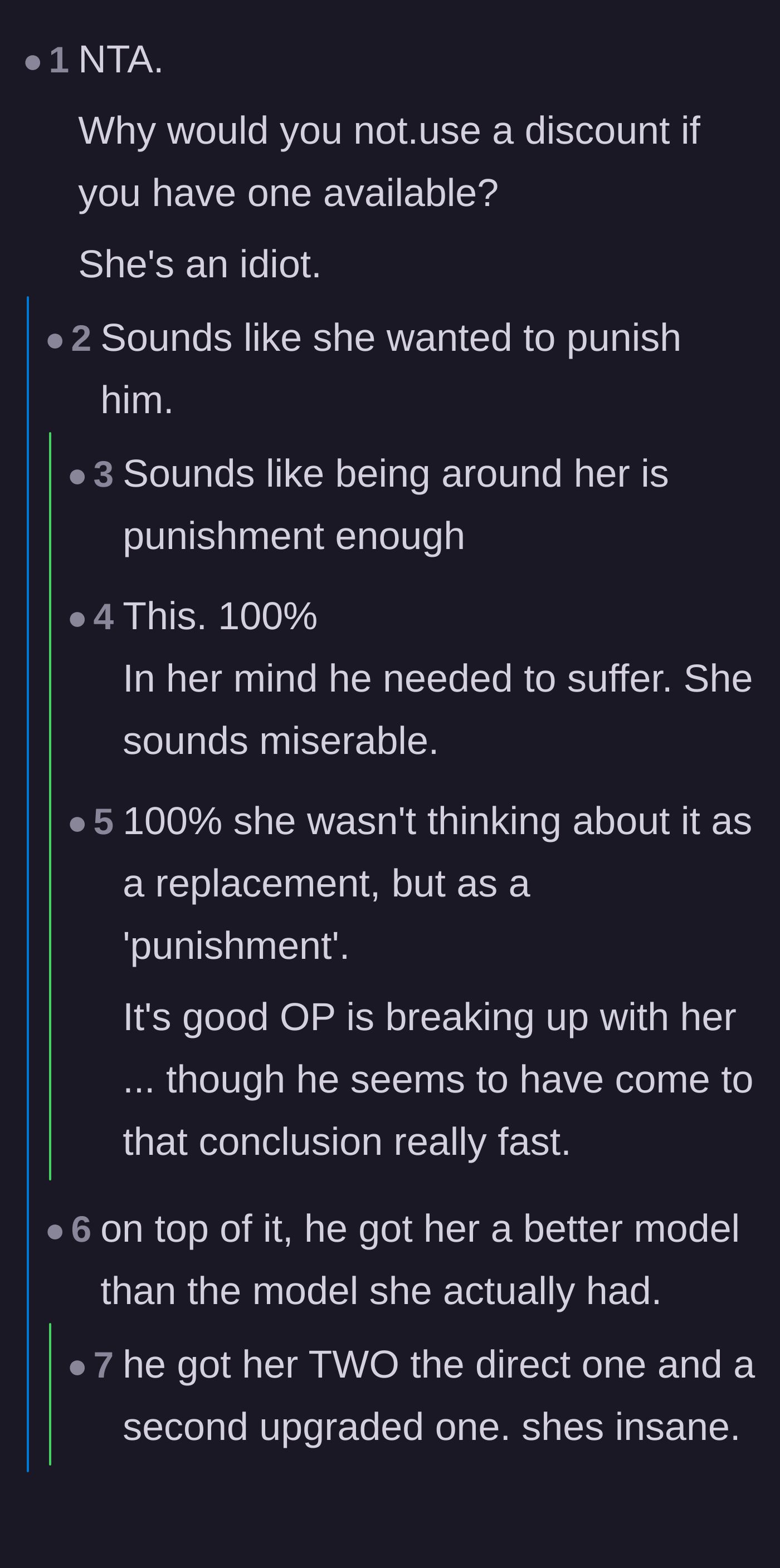 Comment thread 2 - Discussion on how the girlfriend viewed the situation as a zero-sum game where the boyfriend needed to suffer.
