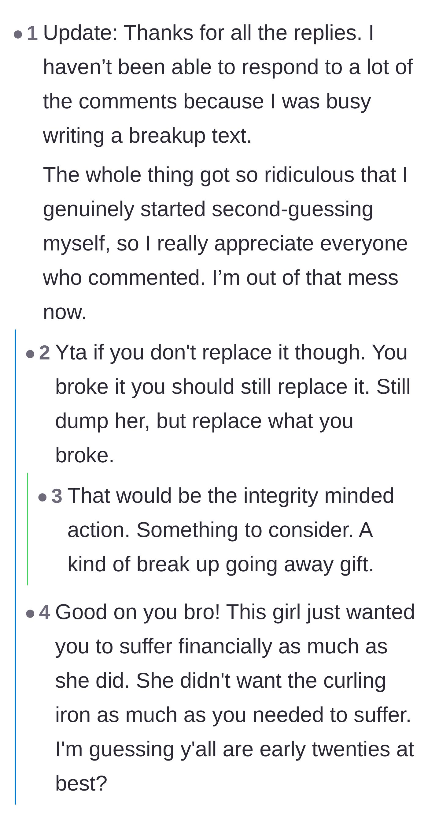Comment thread 4 - The original poster dropping a real-time update in the comments that he officially ended the relationship.