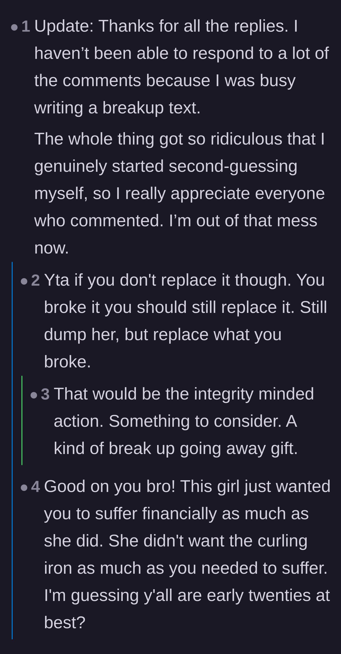 Comment thread 4 - The original poster dropping a real-time update in the comments that he officially ended the relationship.