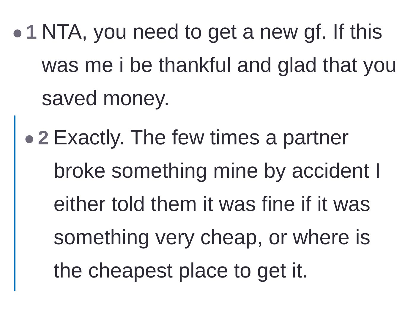 Comment thread 5 - Commenters sharing how a normal, healthy partner would actually encourage you to find the cheapest replacement.