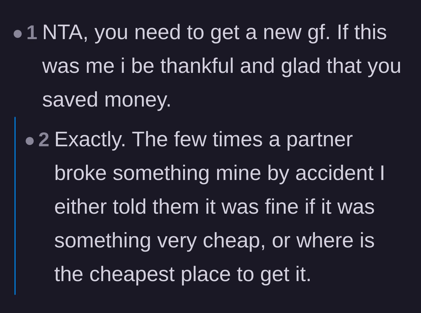 Comment thread 5 - Commenters sharing how a normal, healthy partner would actually encourage you to find the cheapest replacement.