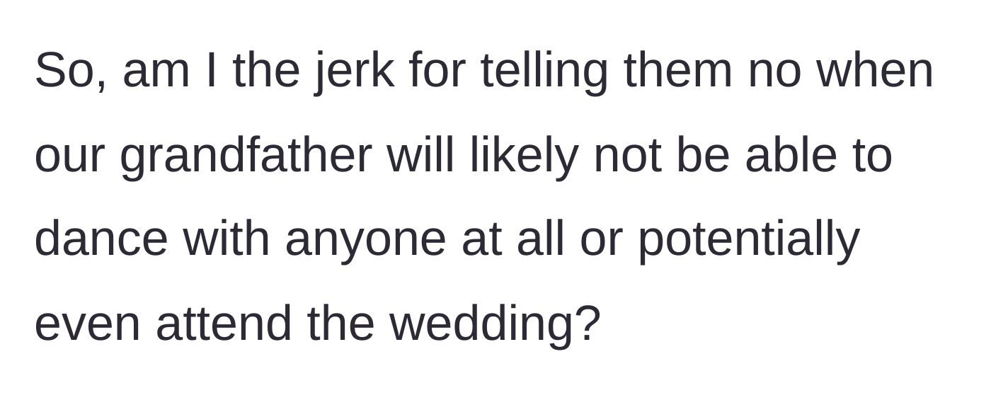 Story part 6 - Bride questioning if she is in the wrong for saying no to the family's demands.