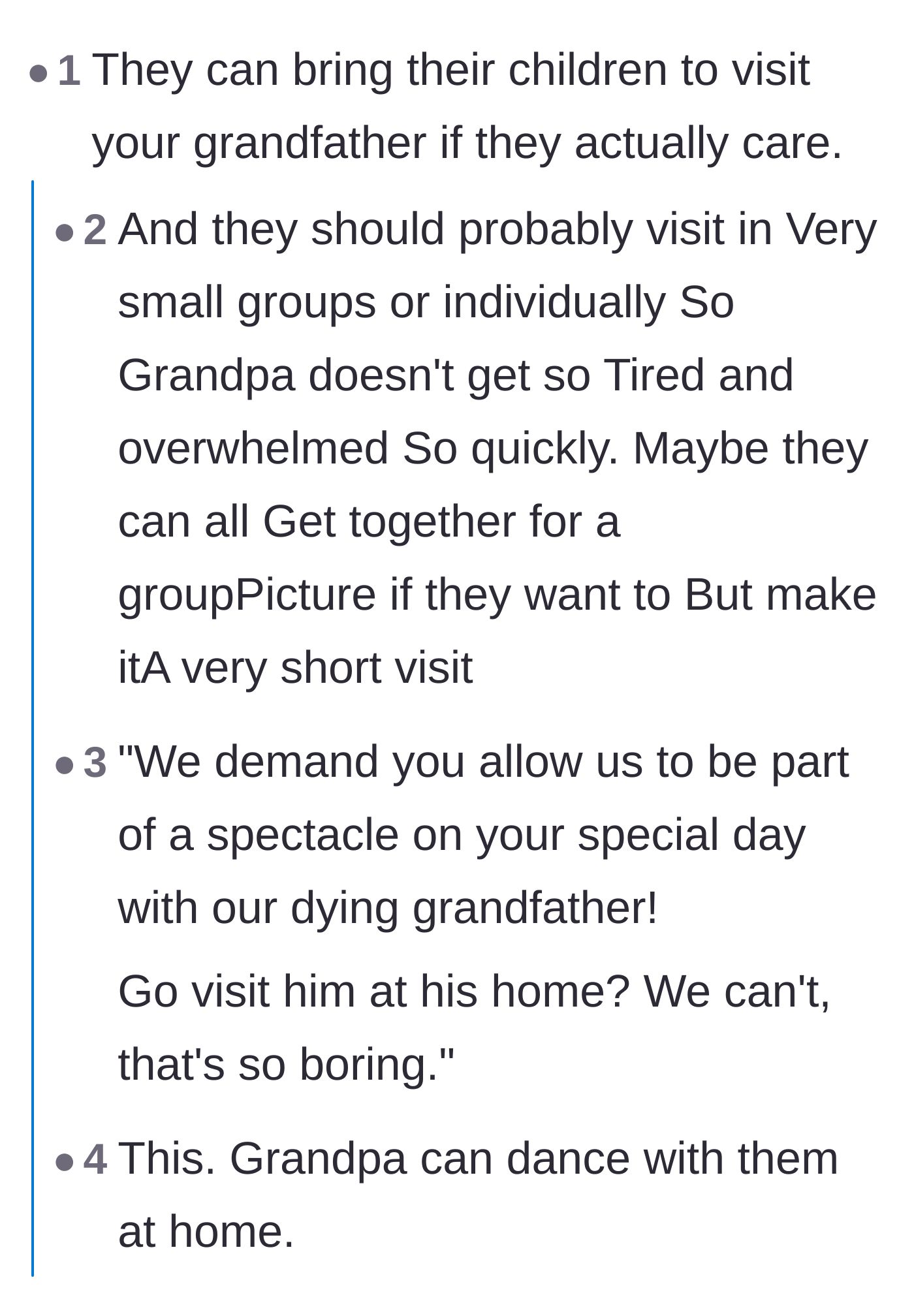 Comment thread 1 - Thread discussing how the cousins should visit the grandfather at home instead of demanding a wedding spectacle.