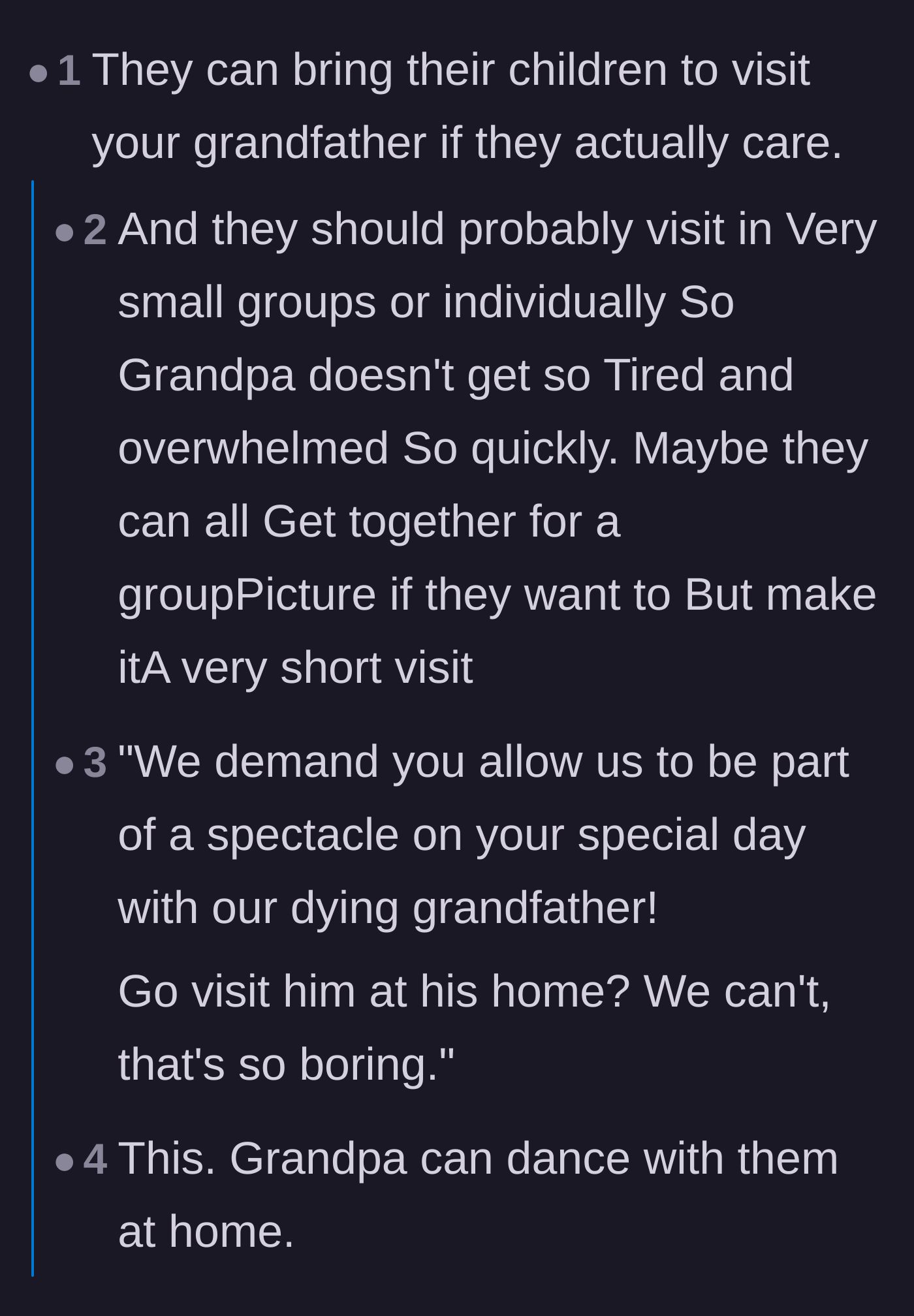 Comment thread 1 - Thread discussing how the cousins should visit the grandfather at home instead of demanding a wedding spectacle.