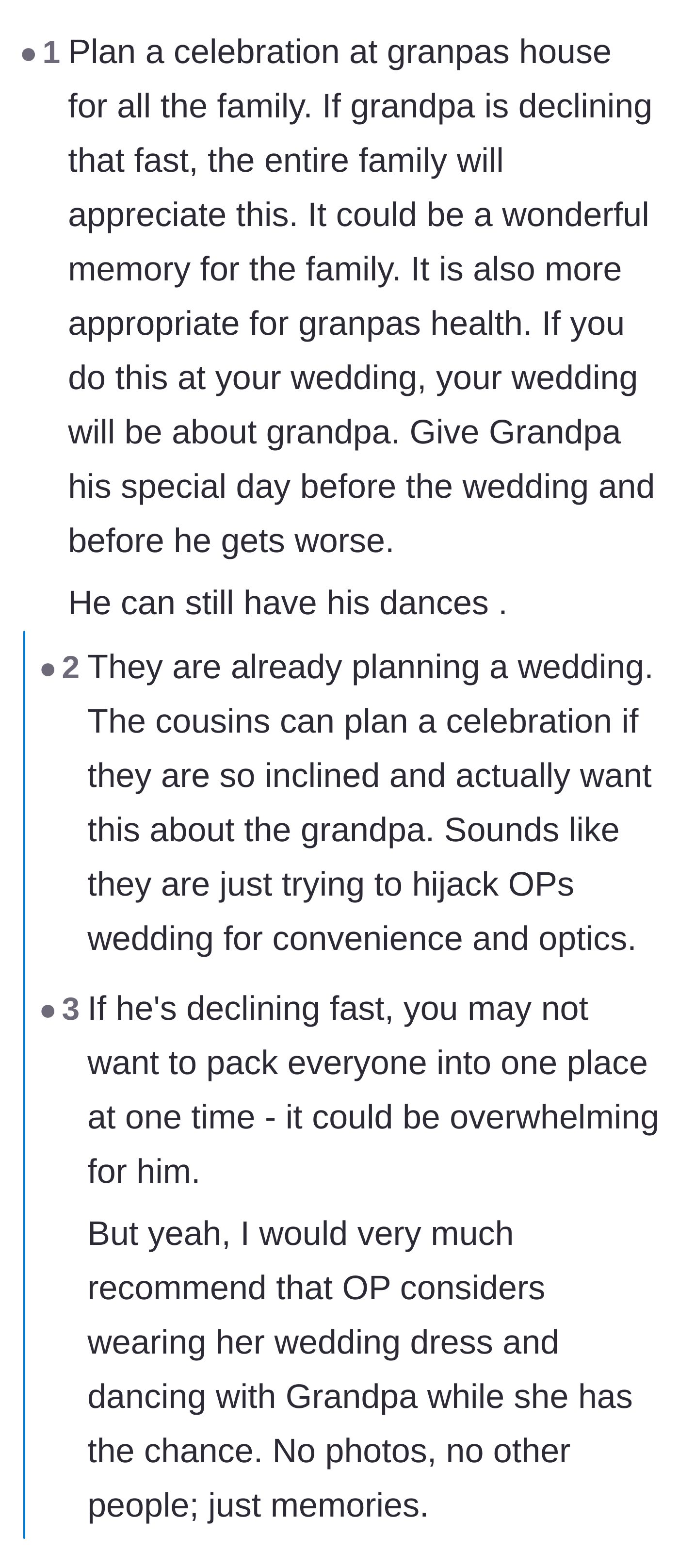 Comment thread 2 - Thread calling out the cousins for trying to hijack the wedding instead of planning their own celebration for the grandfather.