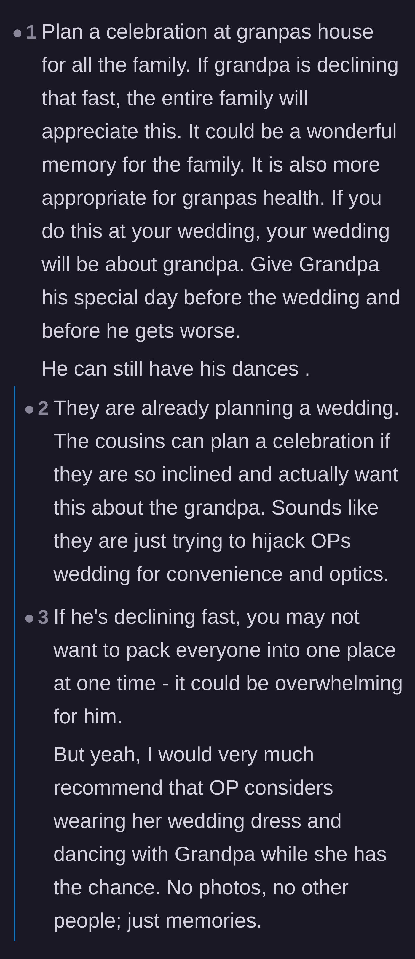 Comment thread 2 - Thread calling out the cousins for trying to hijack the wedding instead of planning their own celebration for the grandfather.