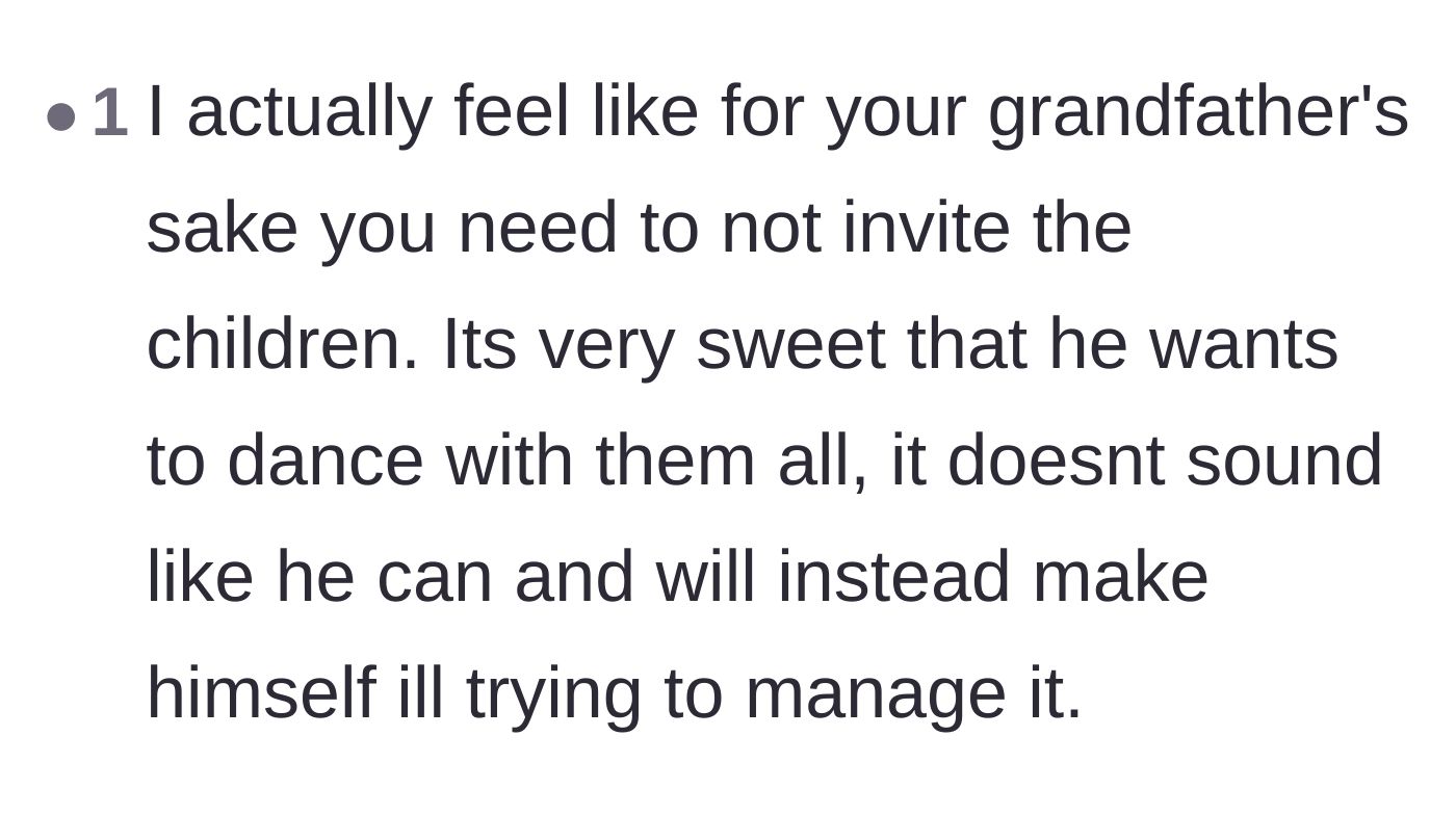 Comment thread 4 - Comment pointing out that trying to dance with 11 kids would physically harm the ailing grandfather.