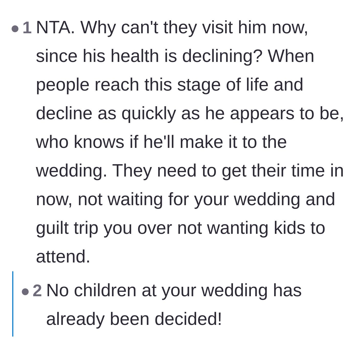 Comment thread 5 - Thread emphasizing that the grandfather might not survive until the wedding and the family needs to visit him now.