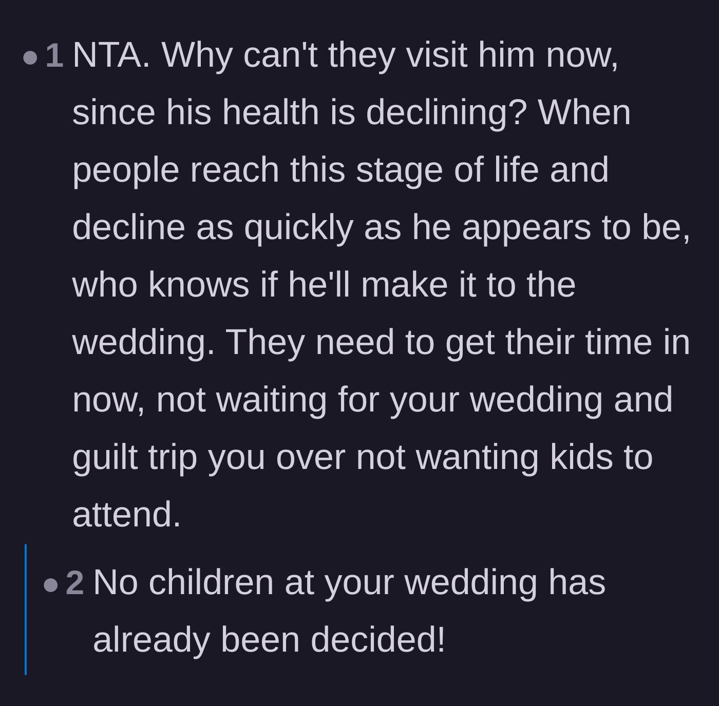 Comment thread 5 - Thread emphasizing that the grandfather might not survive until the wedding and the family needs to visit him now.