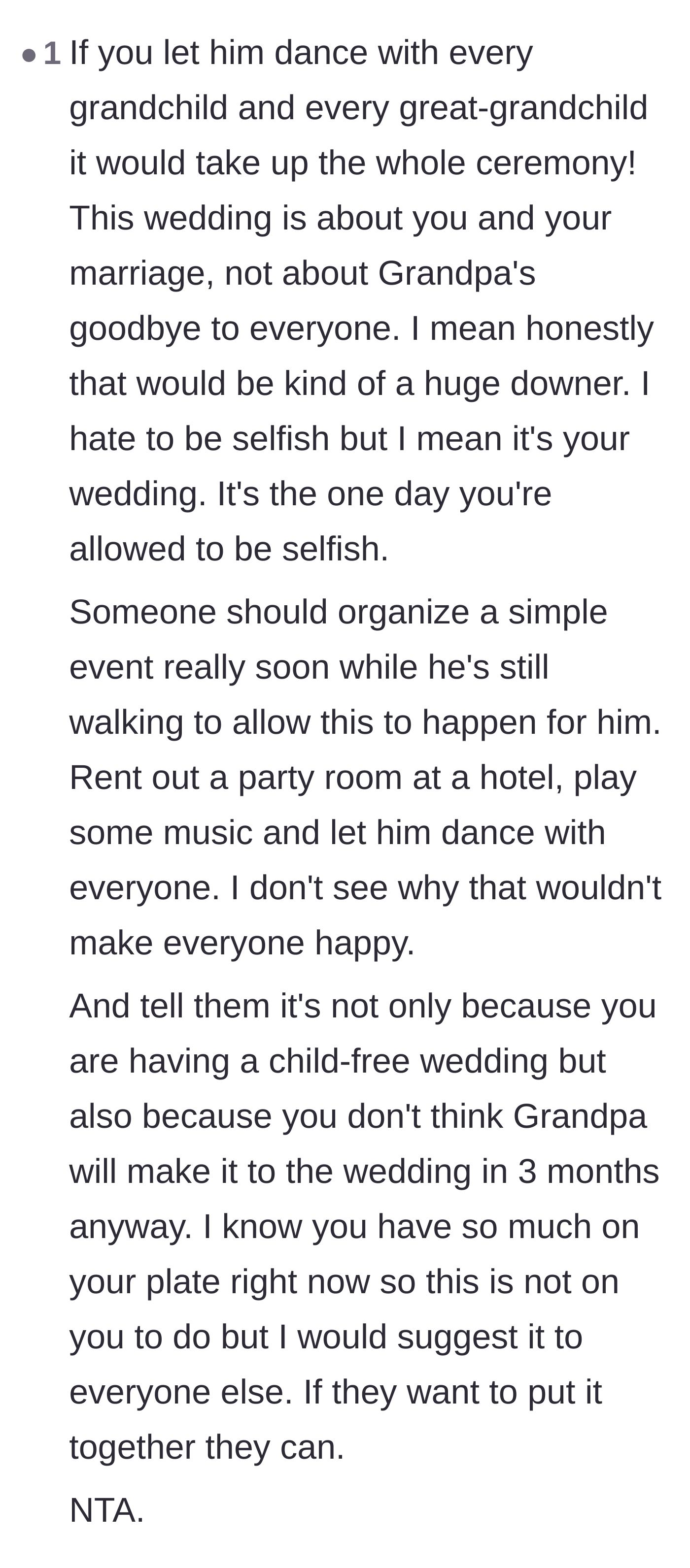 Comment thread 6 - Comment explaining how a massive farewell dance would turn the wedding into a somber event and advising the cousins to host their own party.