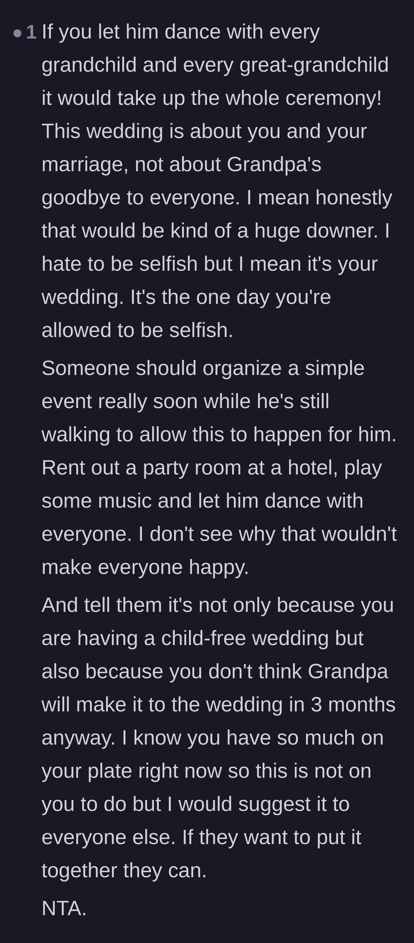 Comment thread 6 - Comment explaining how a massive farewell dance would turn the wedding into a somber event and advising the cousins to host their own party.