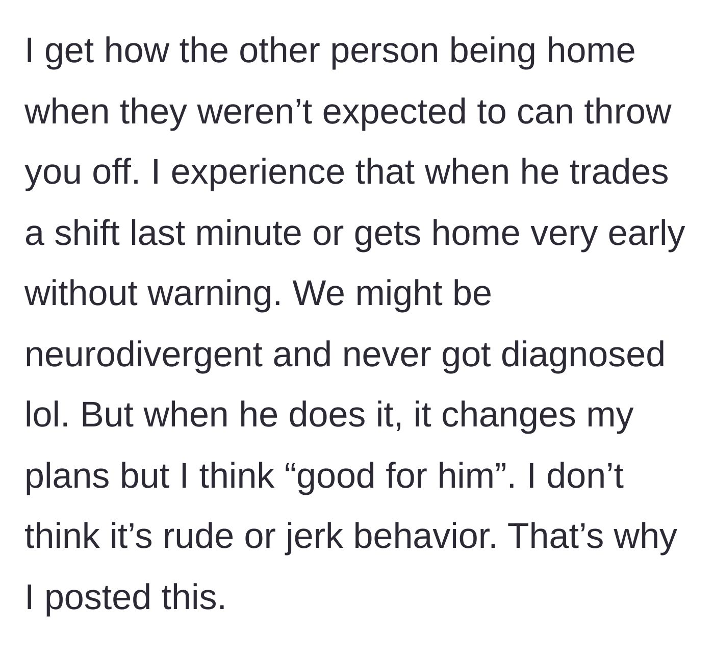 Story part 7 - Reflecting on mutual neurodivergence and how she reacts when he changes plans.