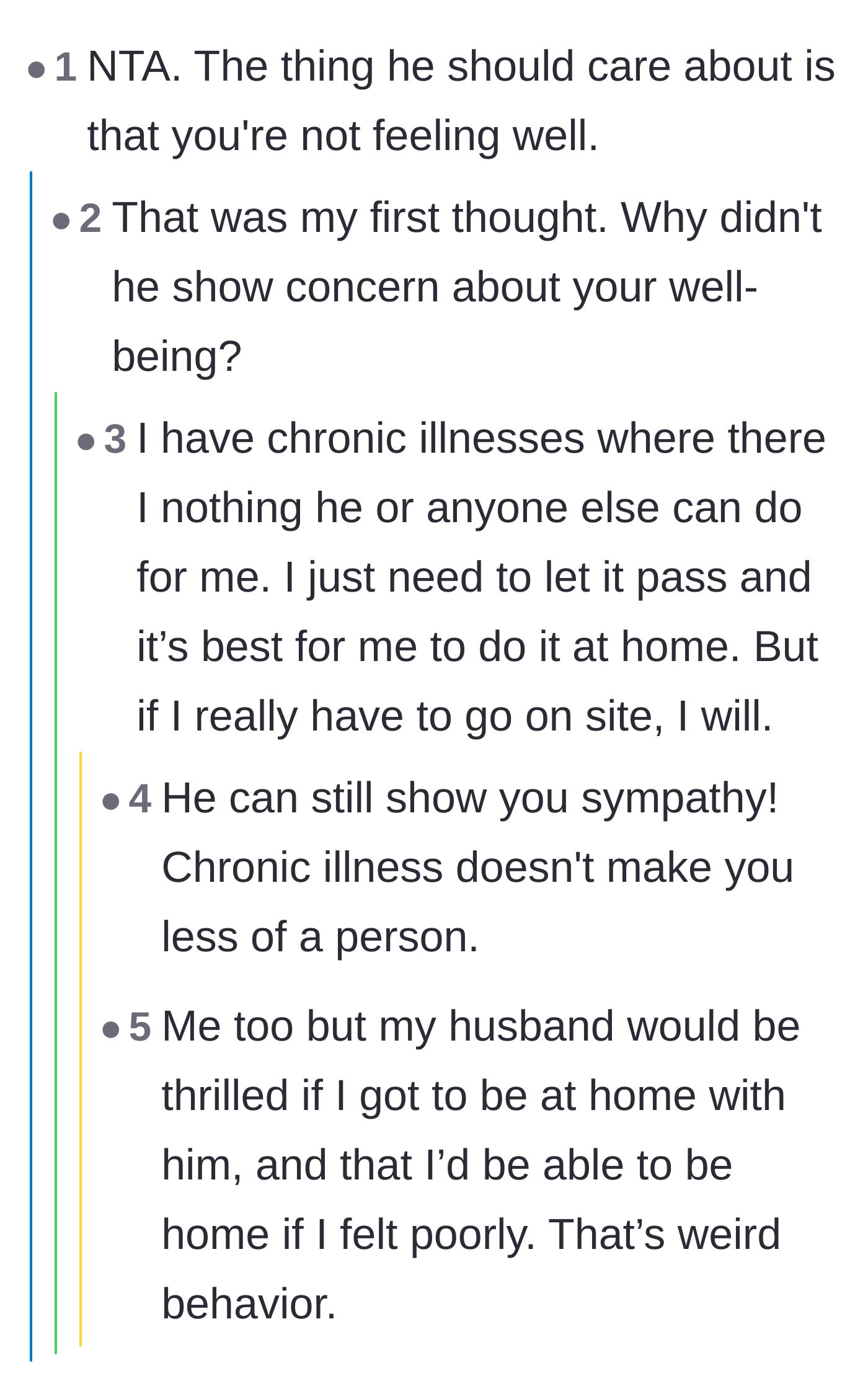 Comment thread 2 - Commenters questioning the husband's lack of sympathy for her illness and the author defending their chronic illness dynamic.
