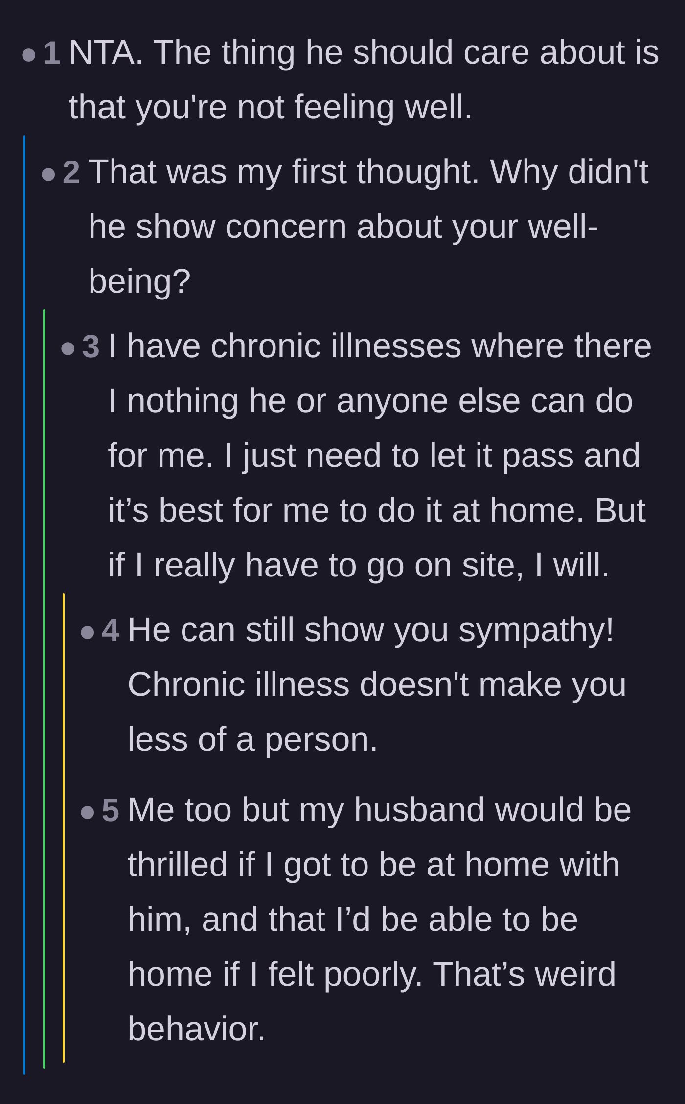 Comment thread 2 - Commenters questioning the husband's lack of sympathy for her illness and the author defending their chronic illness dynamic.