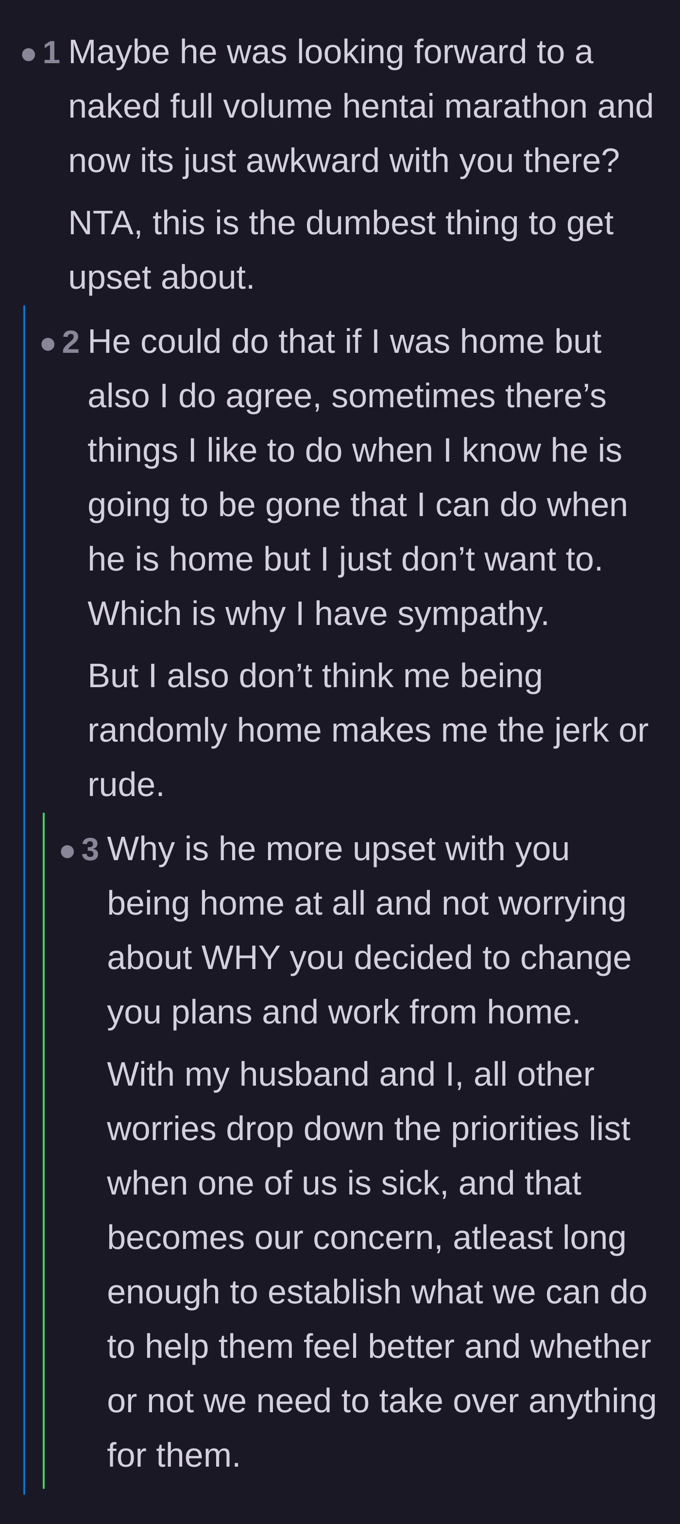 Comment thread 4 - Joking about the husband's private hobbies while the author clarifies he just gets anxious about making noise.