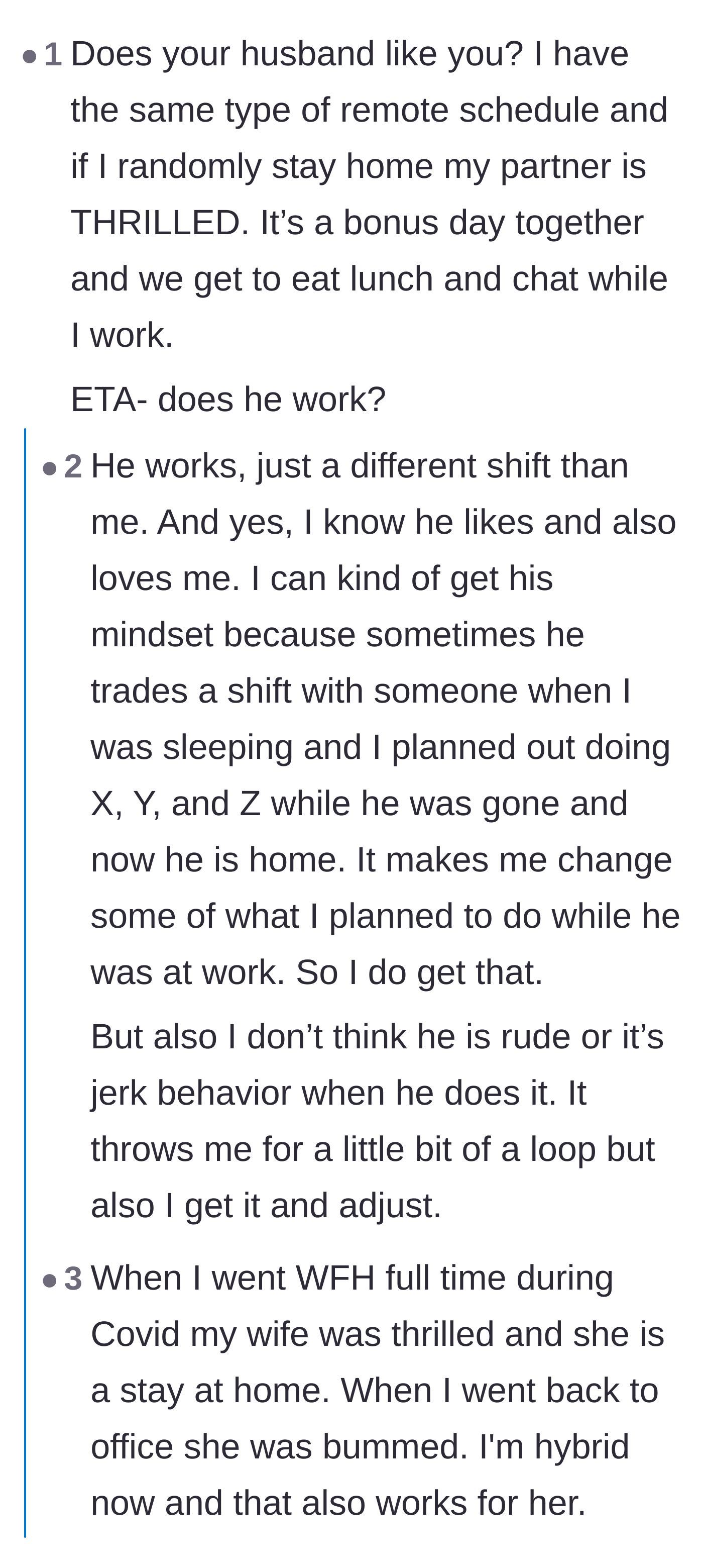Comment thread 5 - Commenters sharing how happy their own partners are when they unexpectedly get to work from home together.
