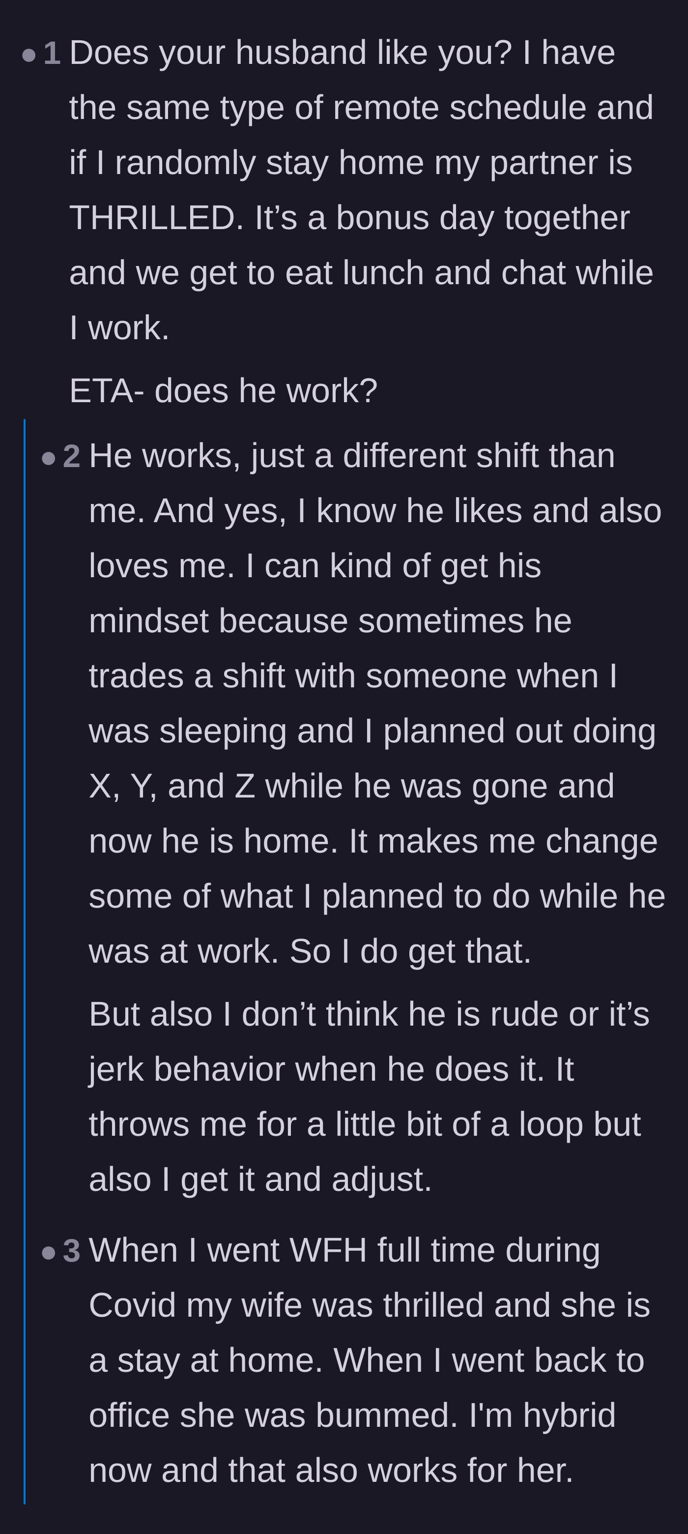 Comment thread 5 - Commenters sharing how happy their own partners are when they unexpectedly get to work from home together.