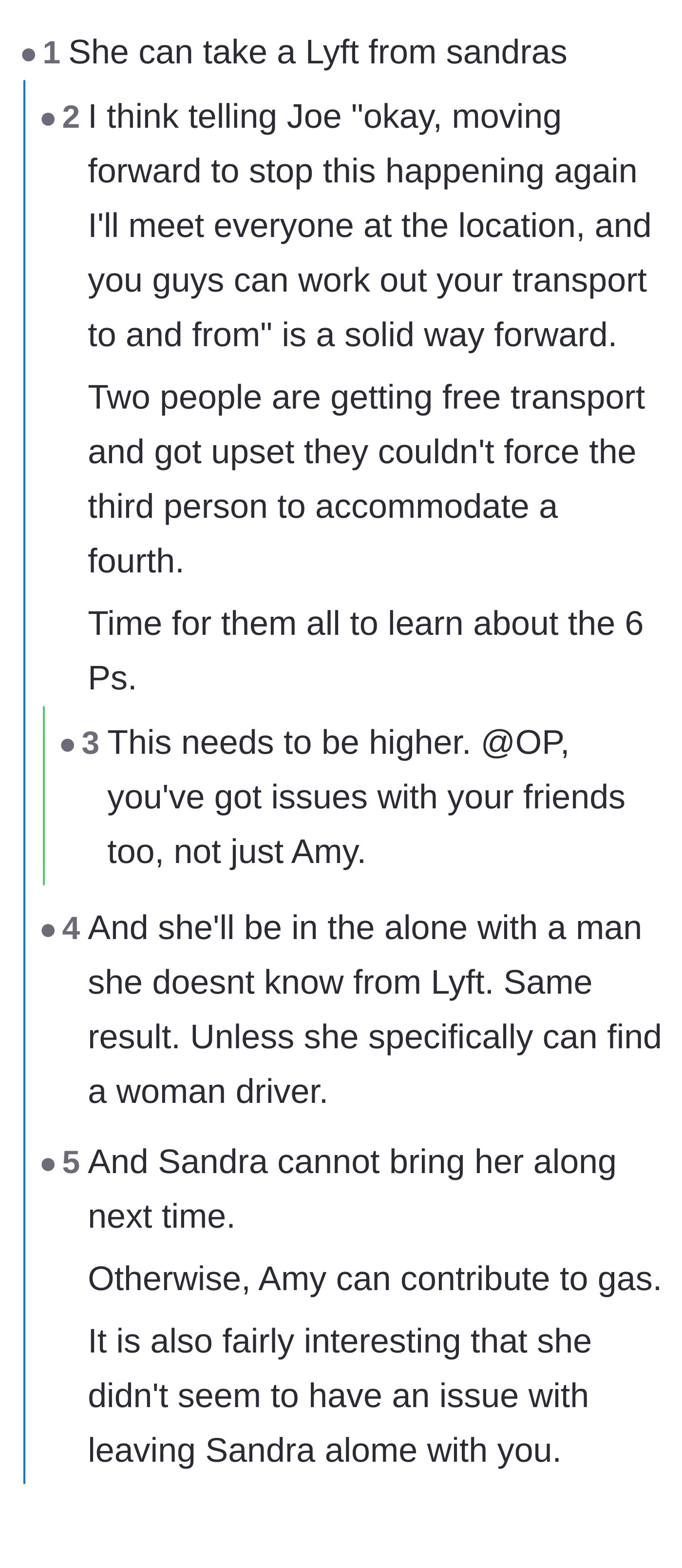 Comment thread 1 - Commenters discuss how taking a rideshare results in the exact same scenario and suggest the driver set strict transportation boundaries moving forward.