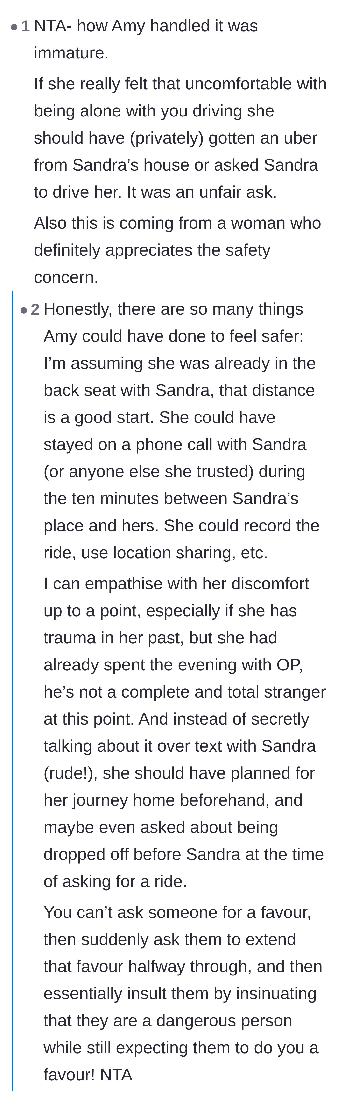 Comment thread 4 - Women in the comments validate the need for personal safety but criticize the passenger for making her lack of planning the driver's problem.