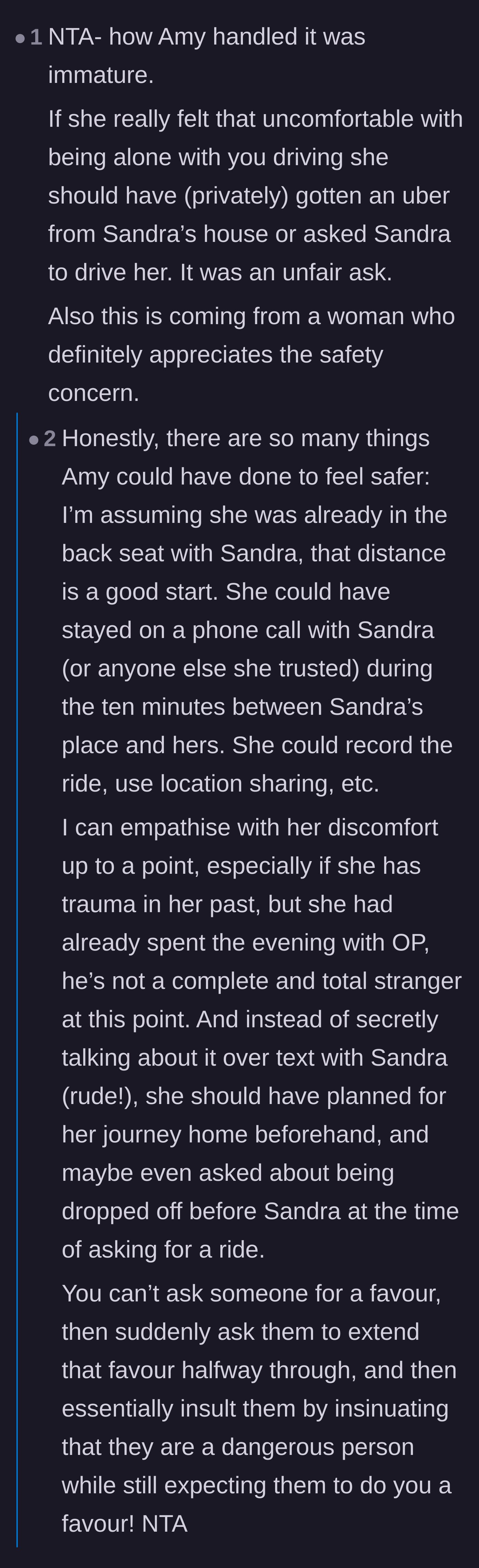 Comment thread 4 - Women in the comments validate the need for personal safety but criticize the passenger for making her lack of planning the driver's problem.