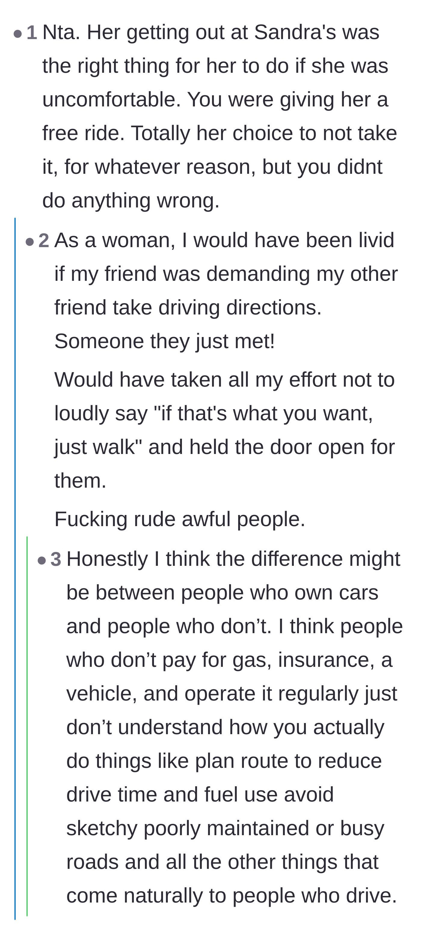 Comment thread 5 - A debate about the massive disconnect between people who own and maintain cars versus passengers who treat friends like a free taxi service.